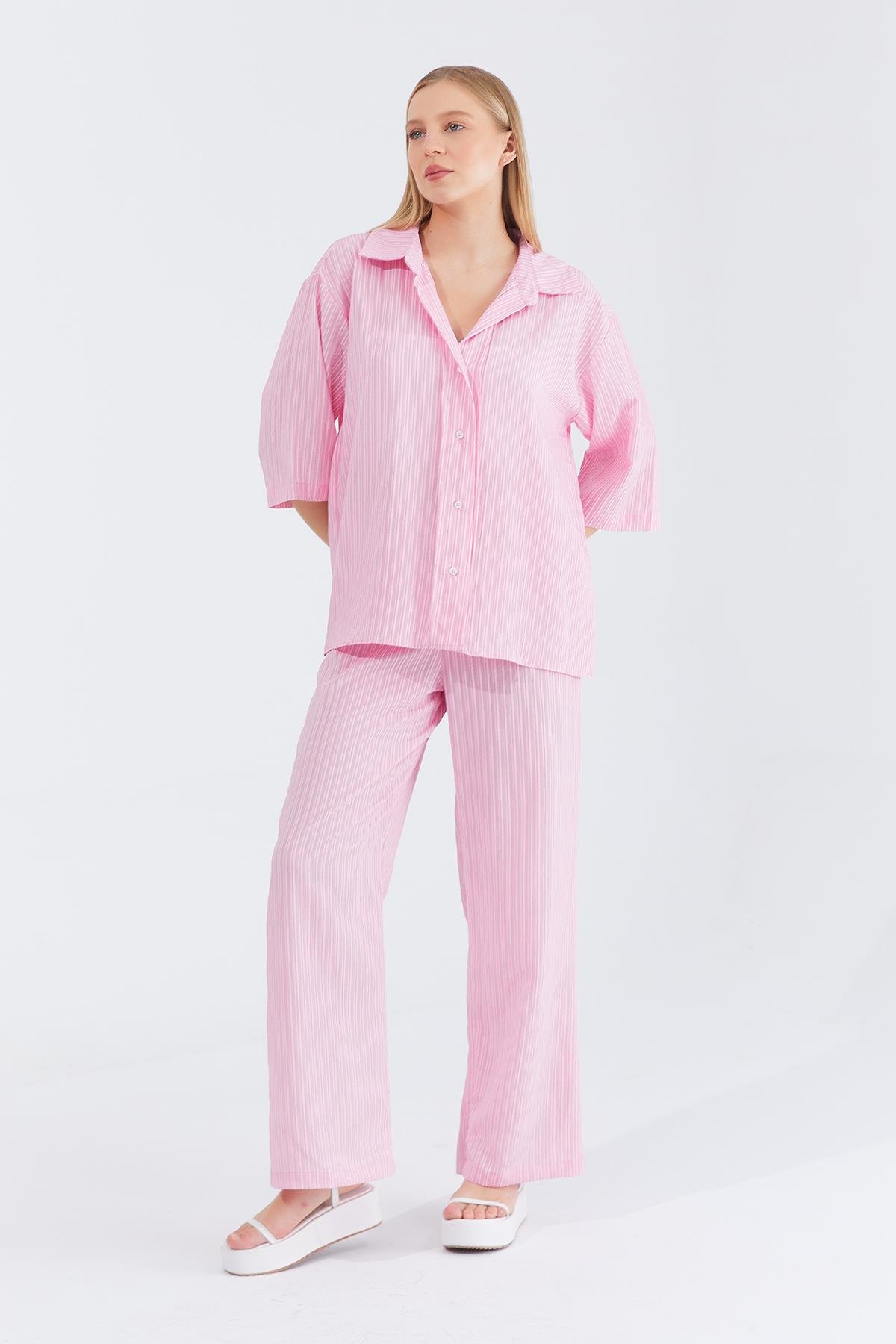 Çizgili Gömlek Takım - Pembe