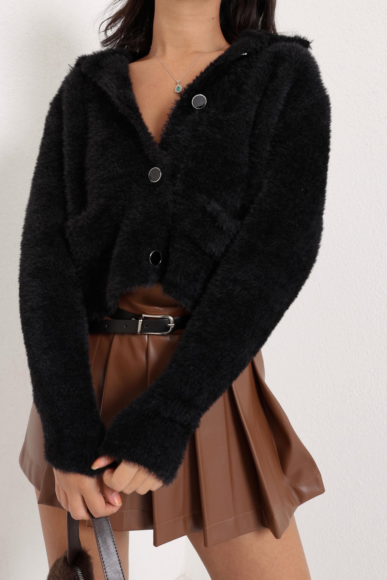 Button Detailed Soft Cardigan Black