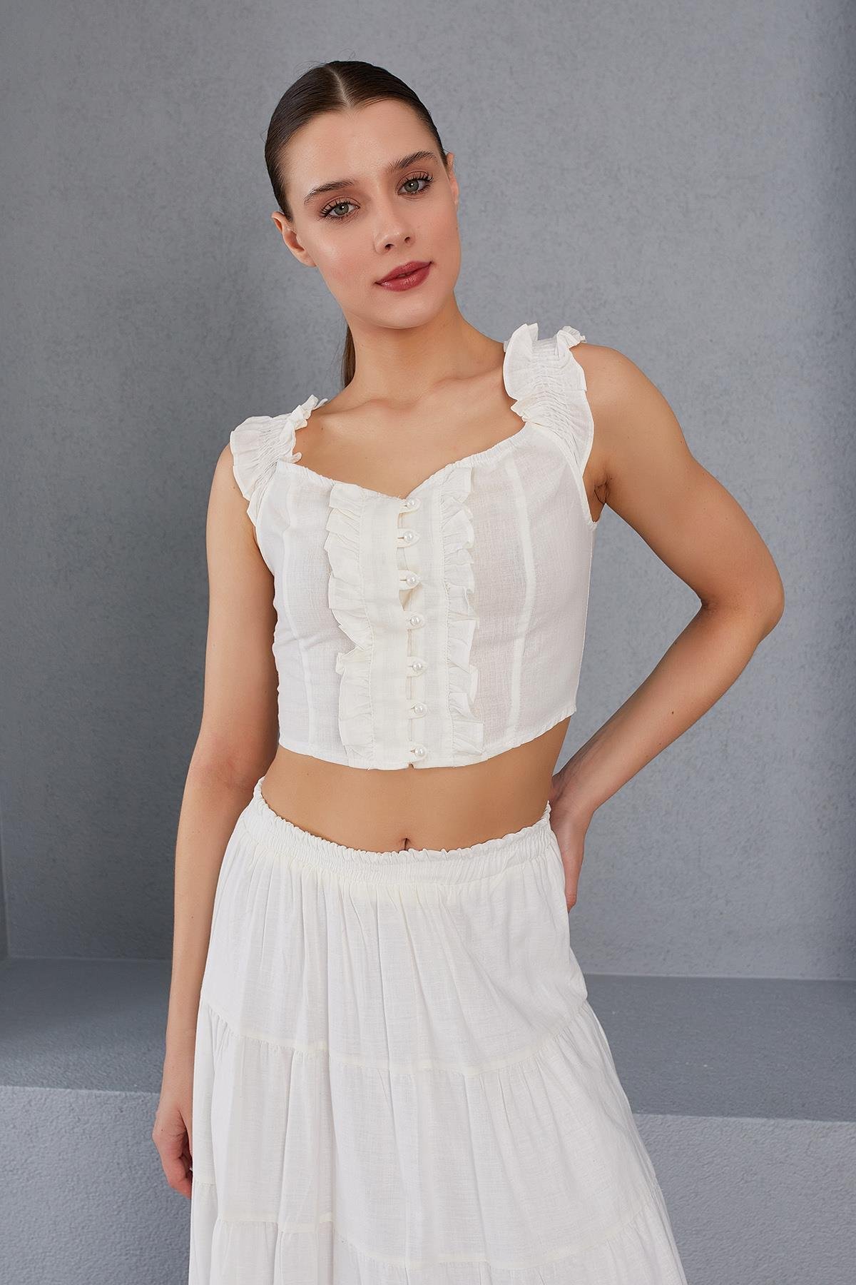 Düğmeli Crop Bluz - BEYAZ