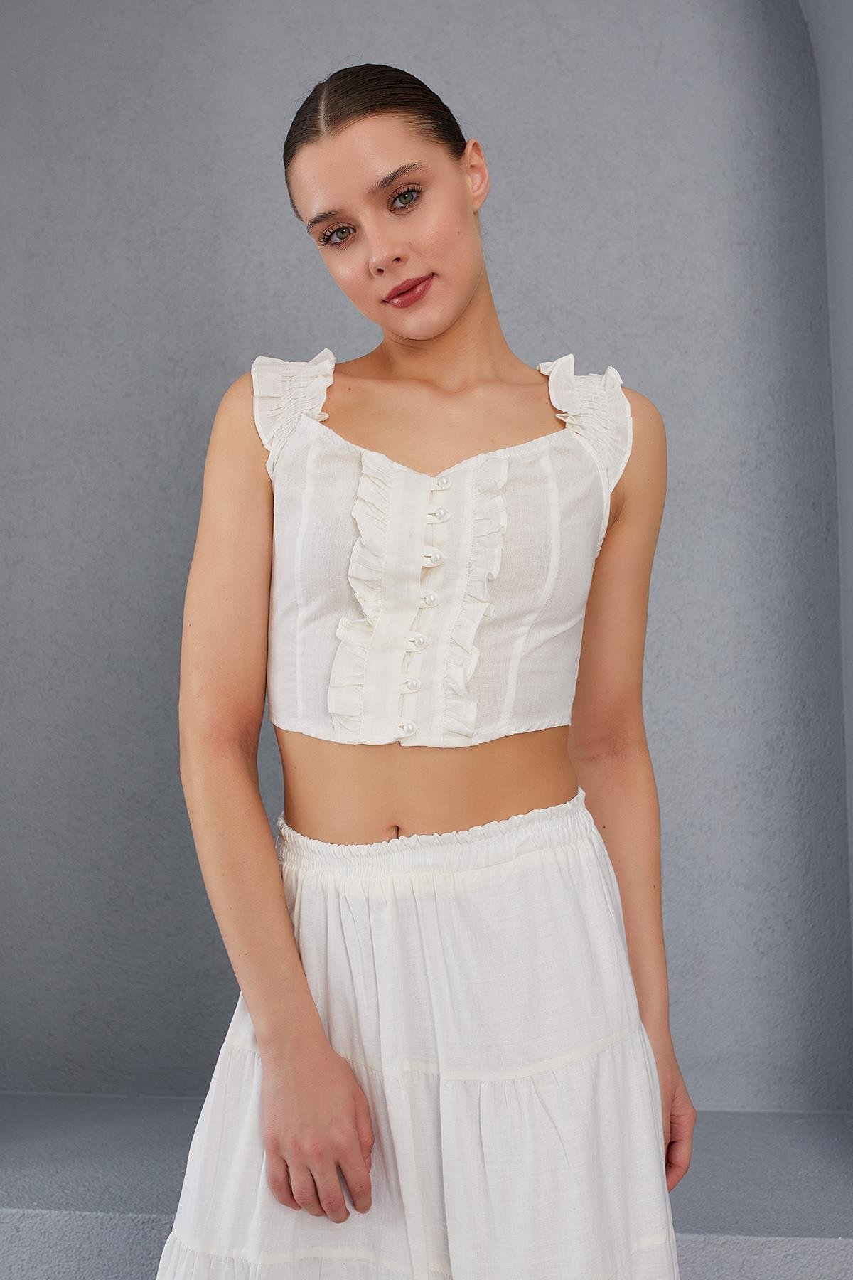 Düğmeli Crop Bluz - BEYAZ