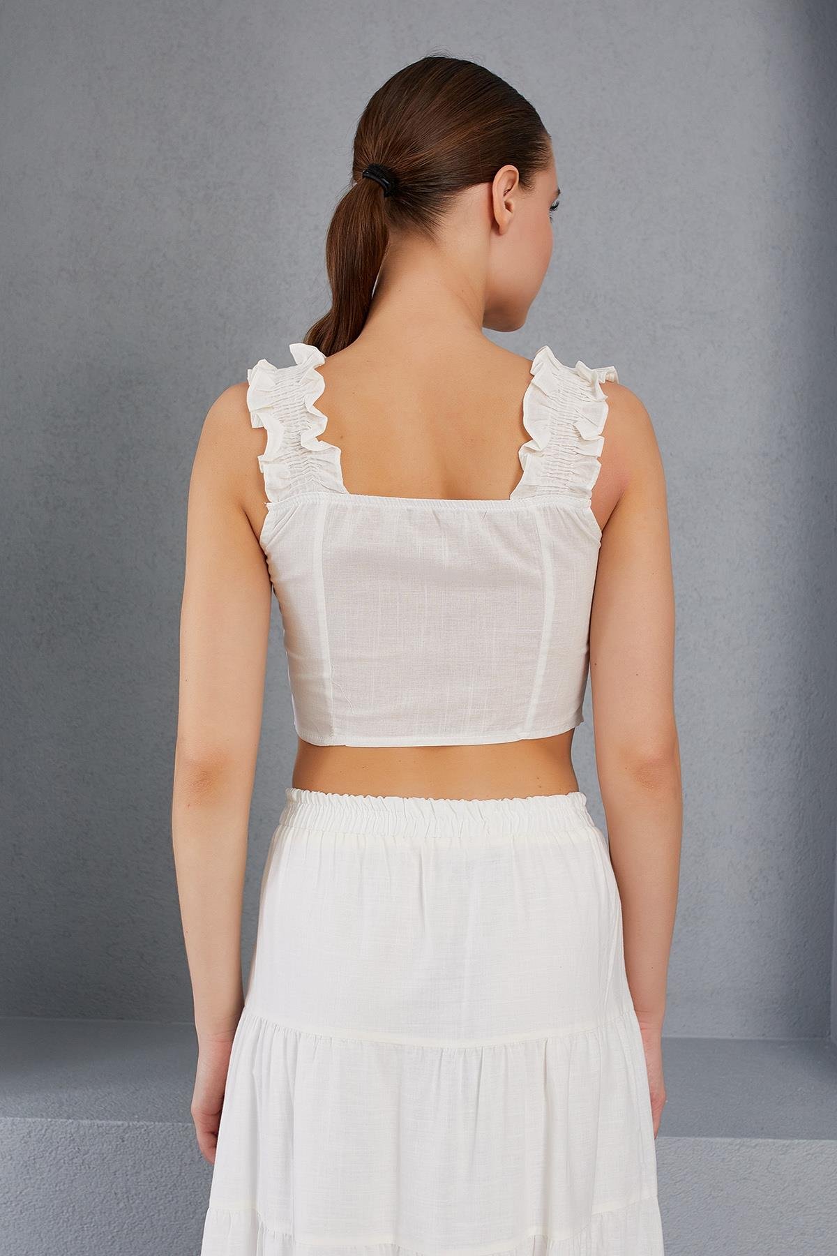 Düğmeli Crop Bluz - BEYAZ