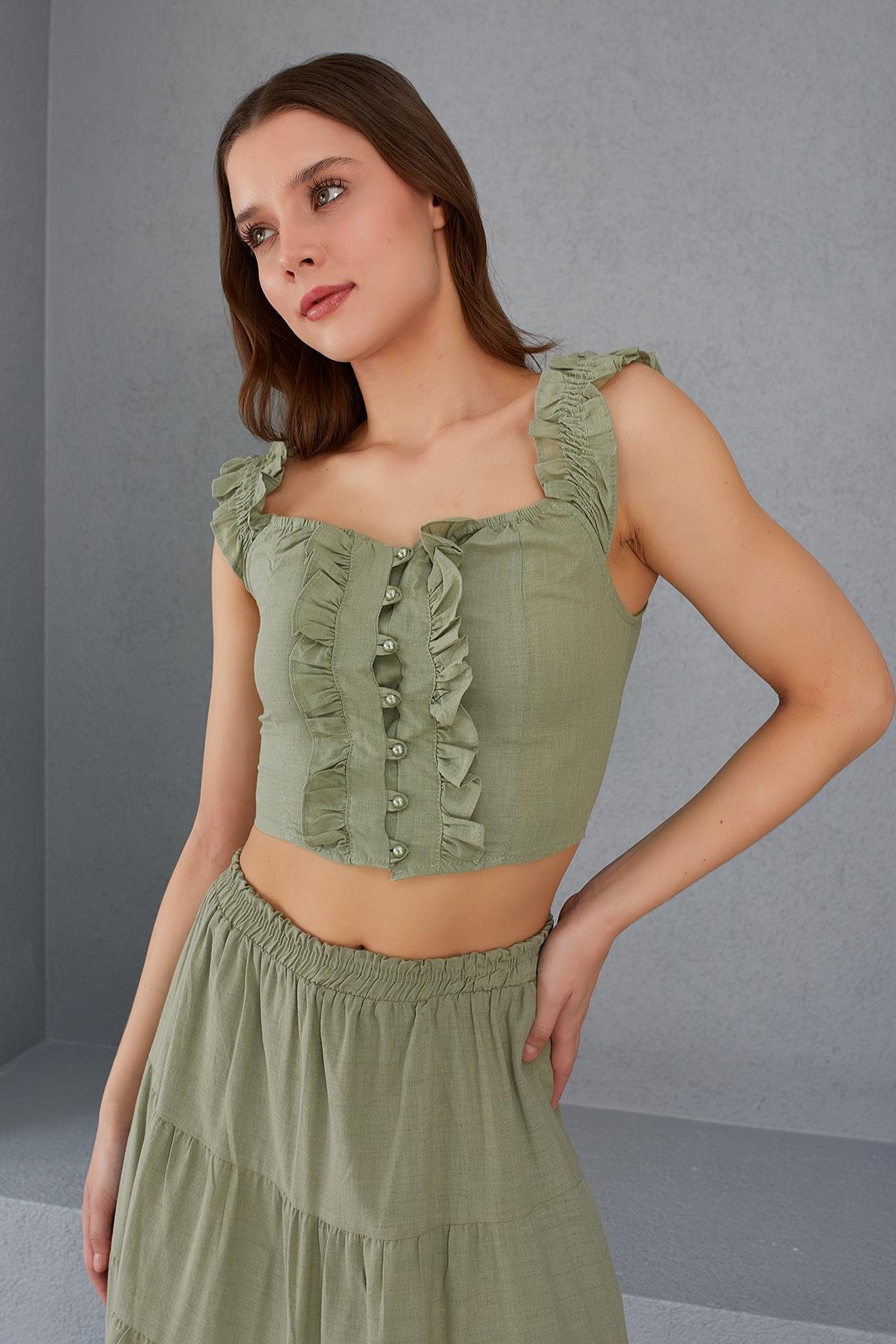 Düğmeli Crop Bluz - HAKİ