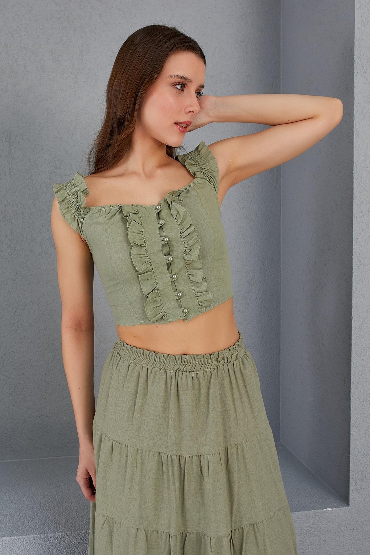 Düğmeli Crop Bluz - HAKİ