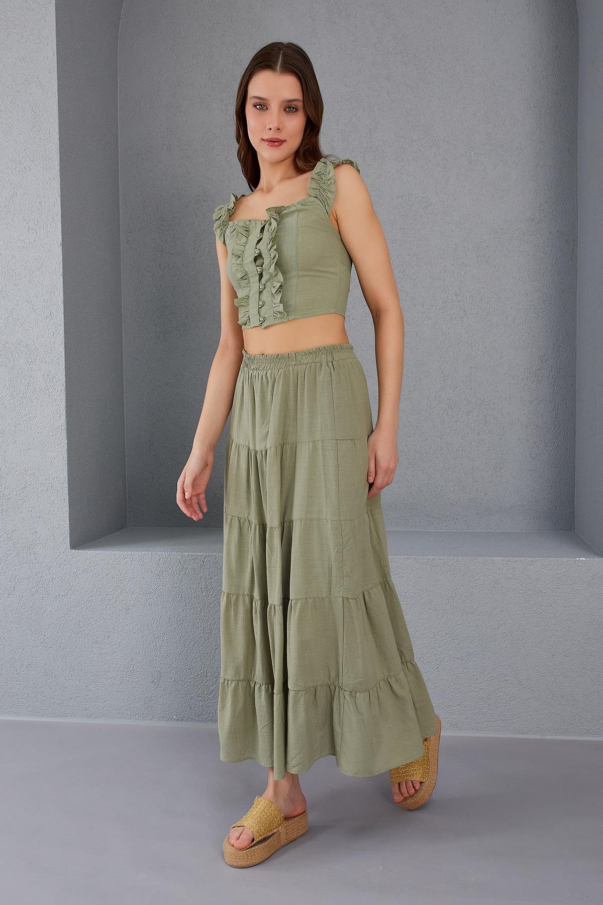 Düğmeli Crop Bluz - HAKİ