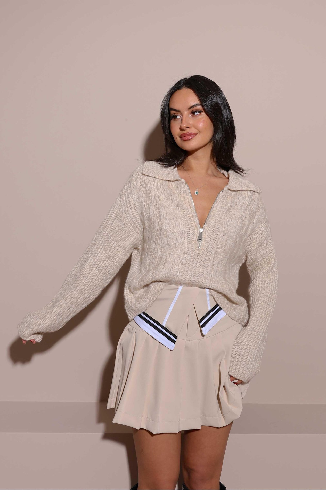 Zippered Herringbone Knitted Sweater Beige