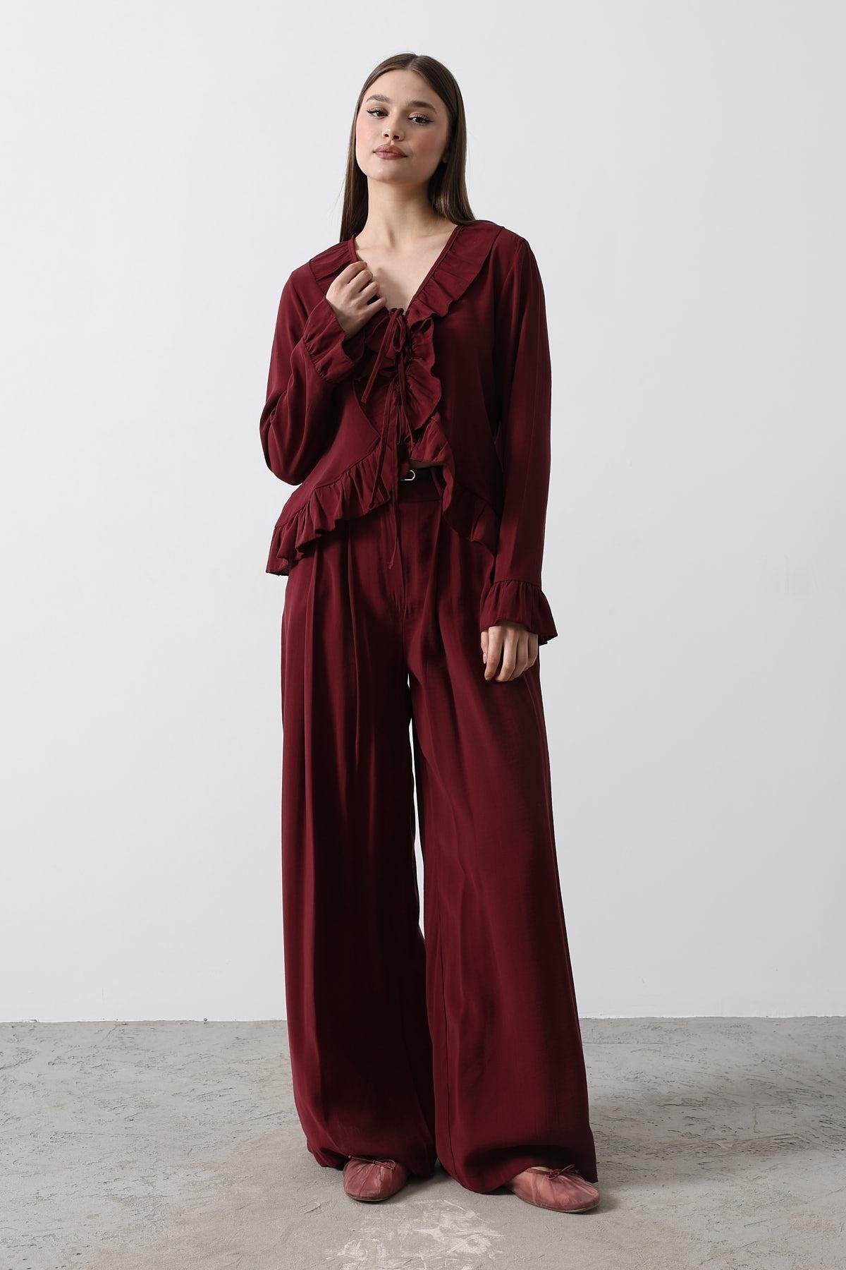Fırfır Detaylı Bluz Pantolon Takım - Bordo