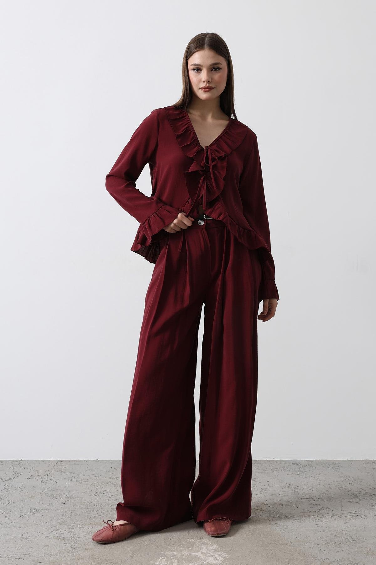 Fırfır Detaylı Bluz Pantolon Takım - Bordo