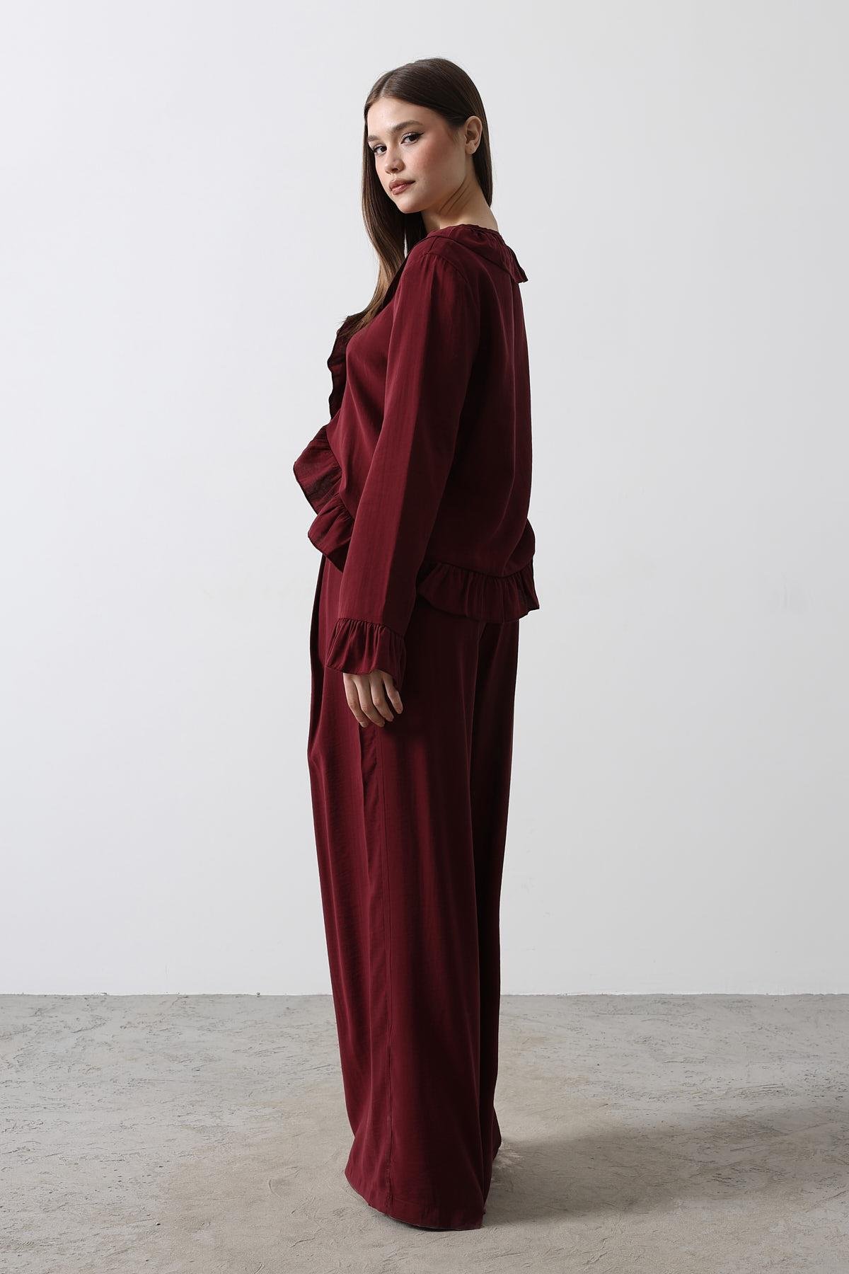 Fırfır Detaylı Bluz Pantolon Takım - Bordo