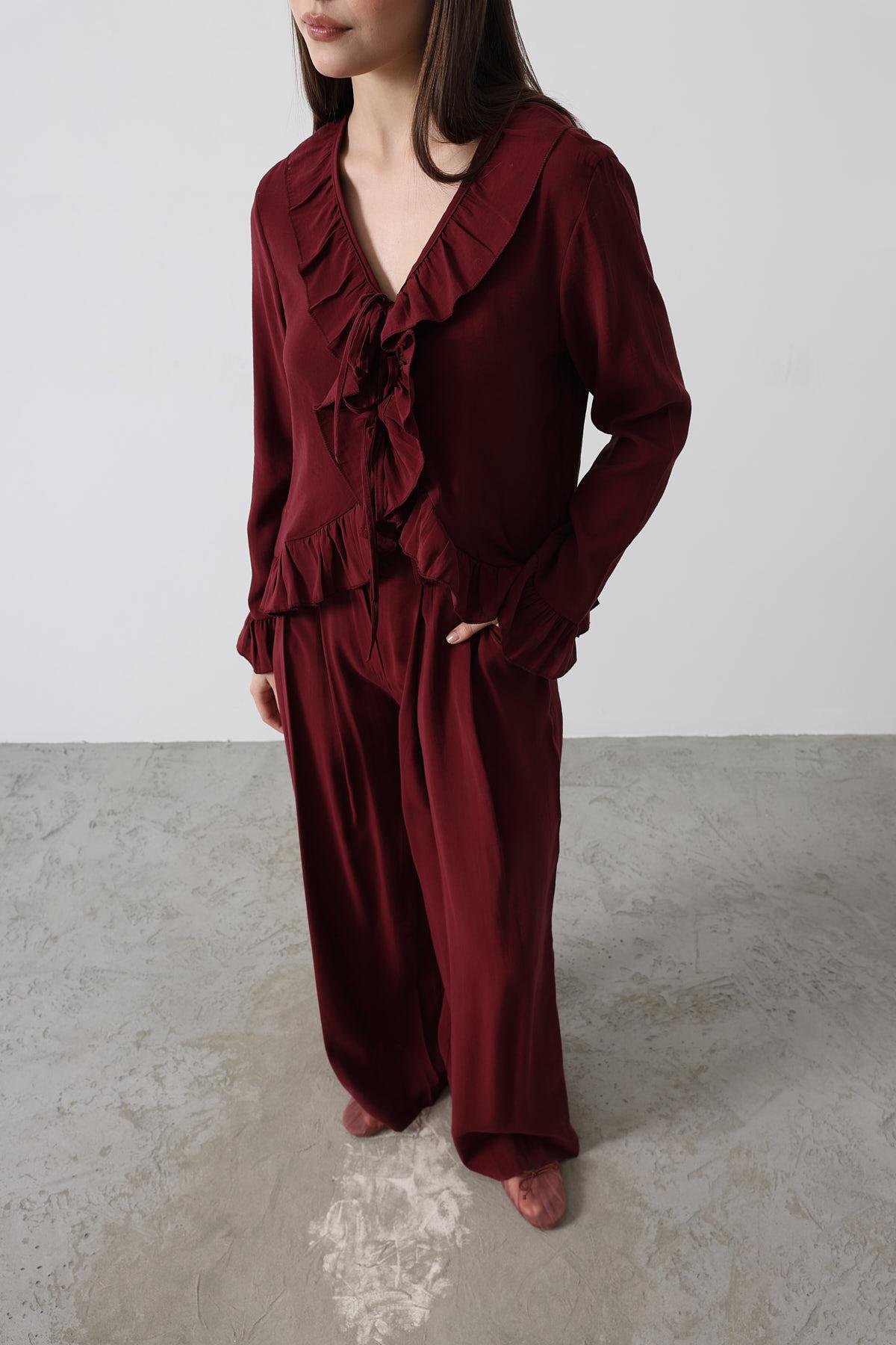 Fırfır Detaylı Bluz Pantolon Takım - Bordo