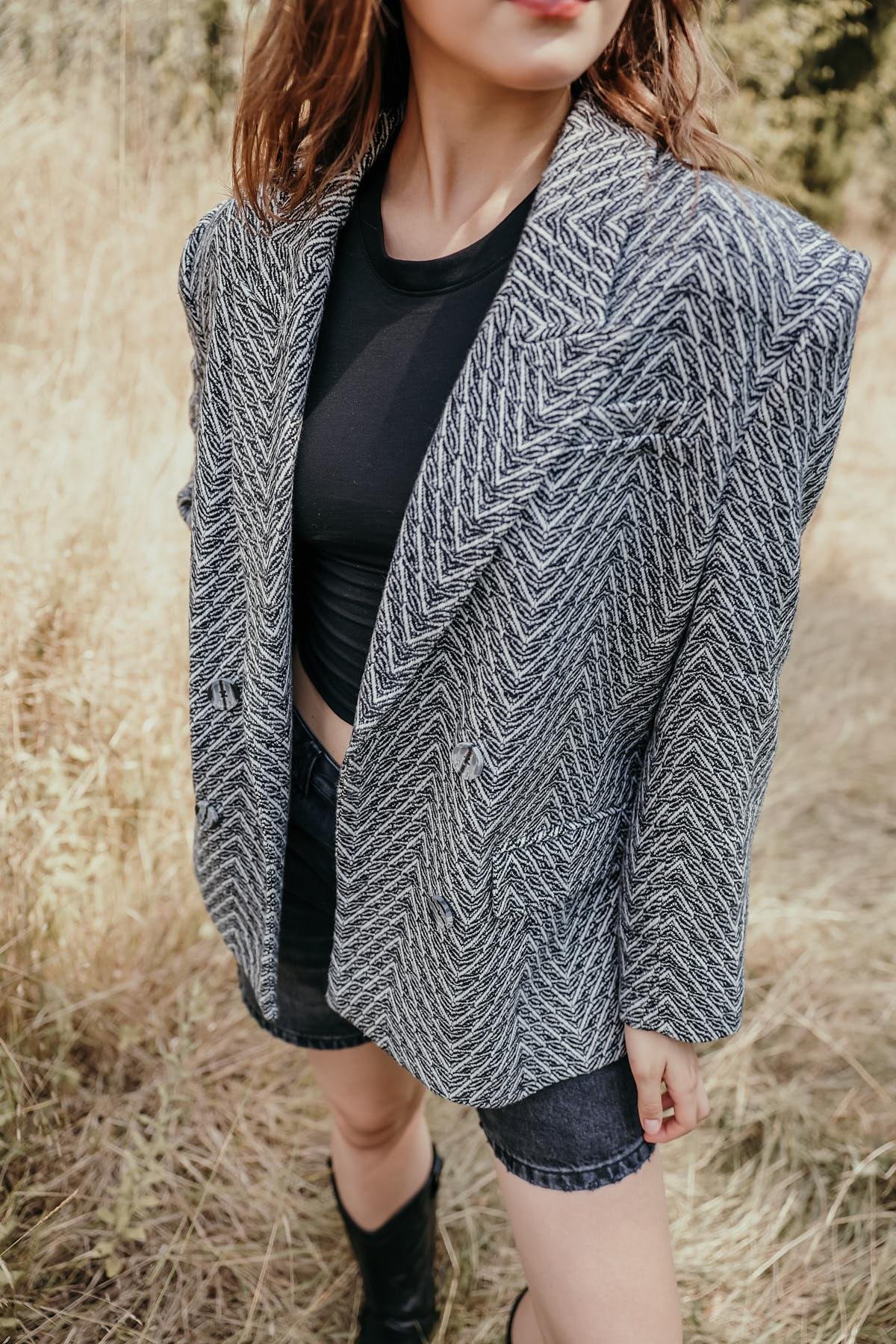 Jakarlı Blazer Ceket - Siyah-Beyaz
