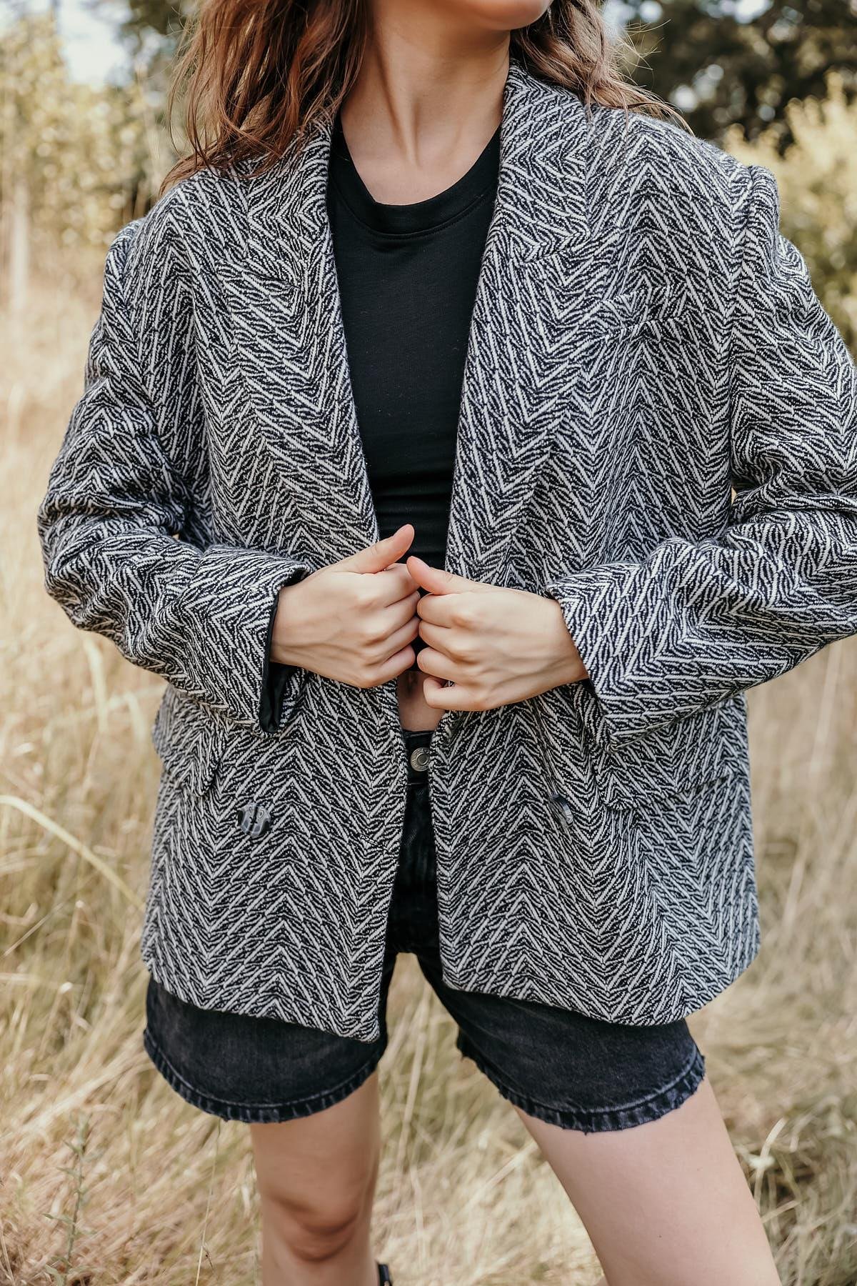Jakarlı Blazer Ceket - Siyah-Beyaz