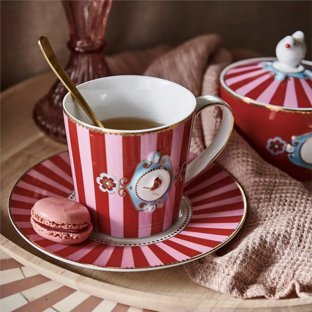 LOVE BIRDS KIRMIZI PEMBE ÇİZGİLİ MUG 250 ML