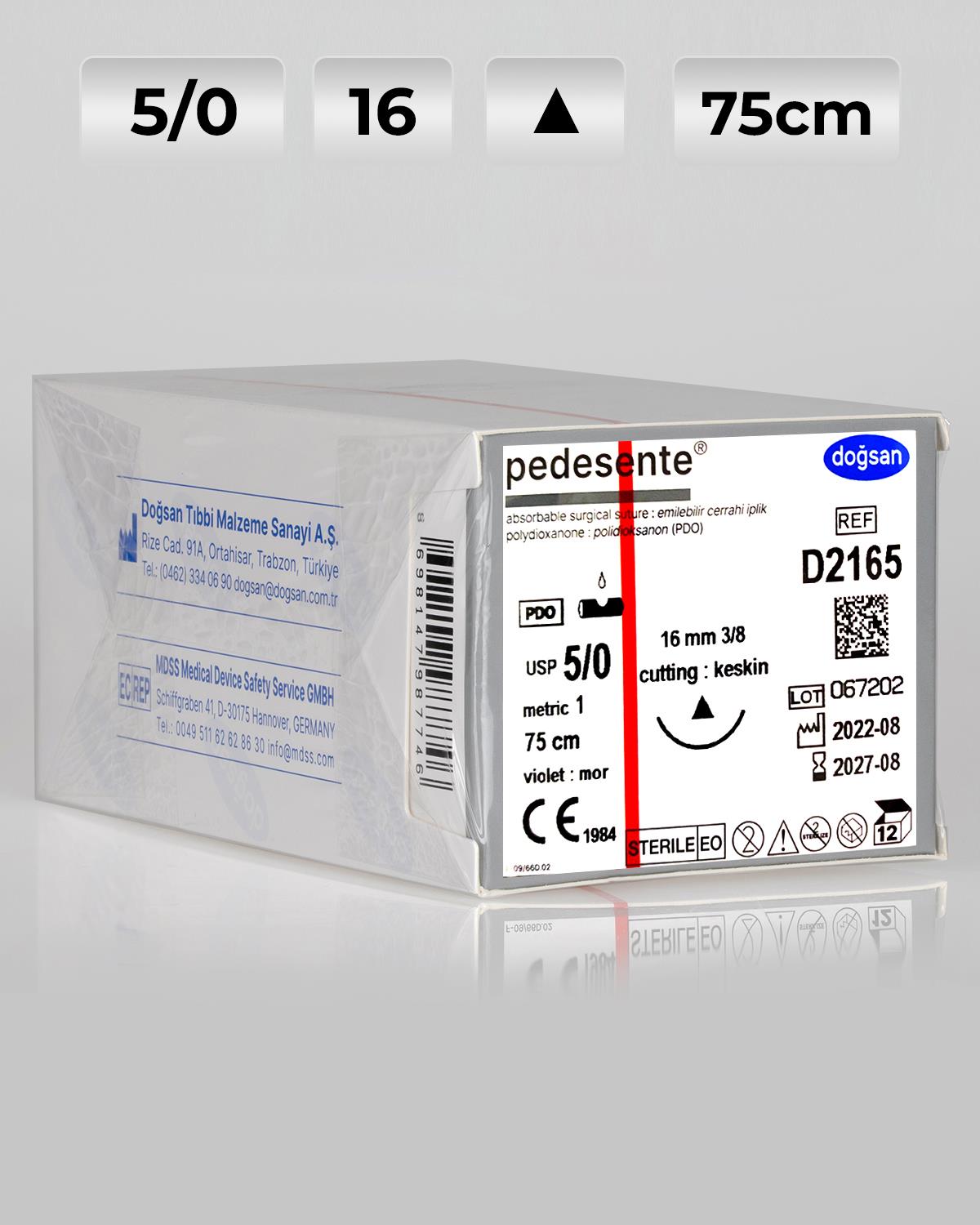 D2165 DOĞSAN Pedesente 5/0 16 3/8 Keskin (Δ) 75cm PDO Emilebilir Sütür 12 Ad./Pkt