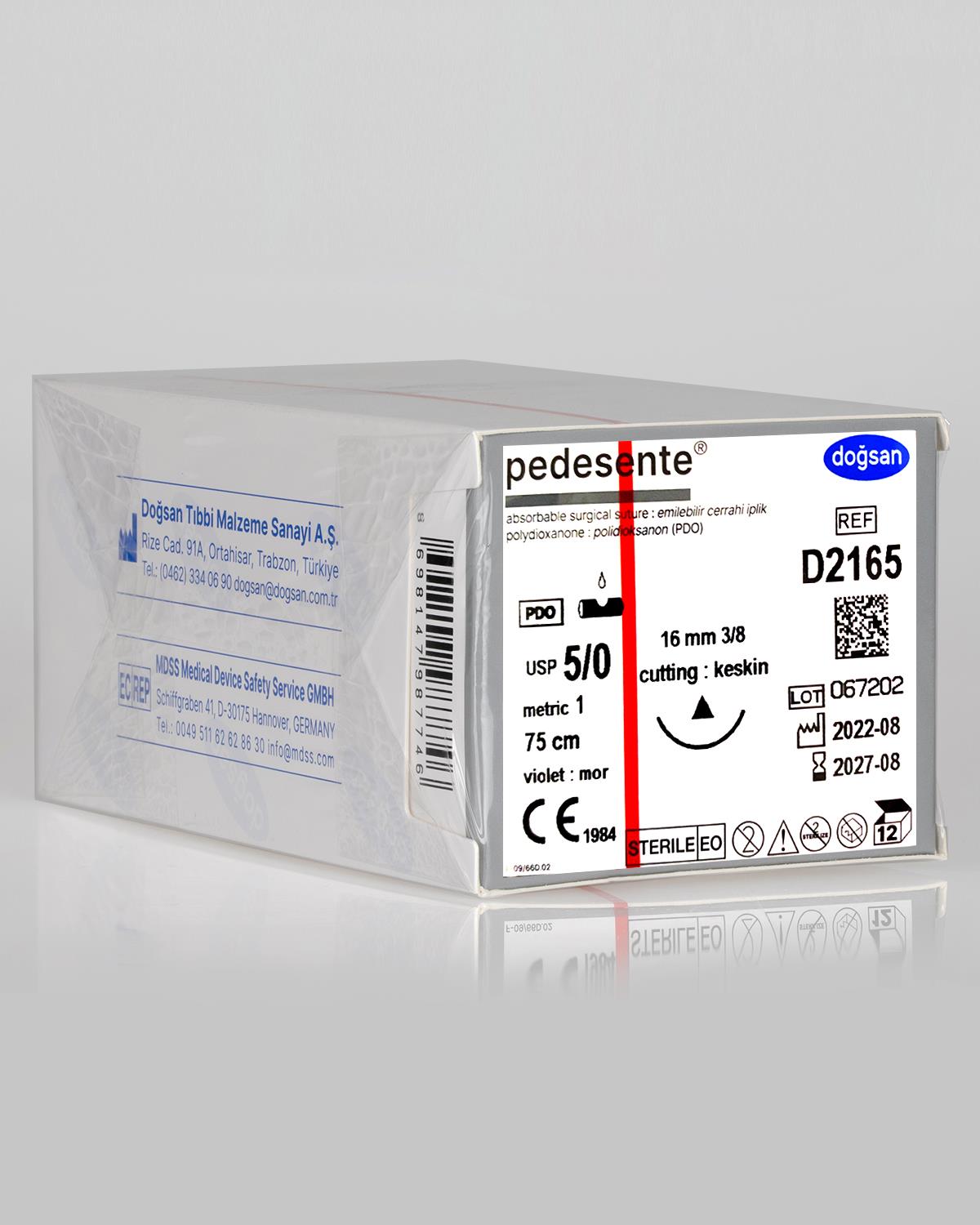D2165 DOĞSAN Pedesente 5/0 16 3/8 Keskin (Δ) 75cm PDO Emilebilir Sütür 12 Ad./Pkt