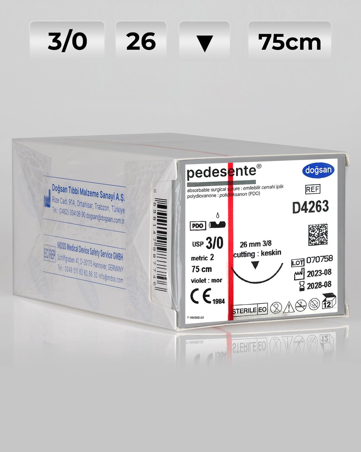 D4263 DOĞSAN Pedesente 3/0 26 3/8 Keskin (▼) 75cm PDO Emilebilir Sütür 12 Ad./Pkt