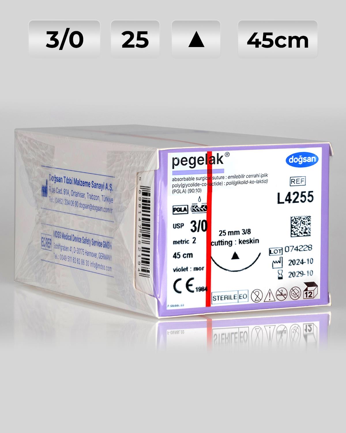L4255 DOĞSAN Pegelak 3/0 25 3/8 Keskin (Δ) 45cm PGLA Emilebilir Sütür 12 Ad./Pkt