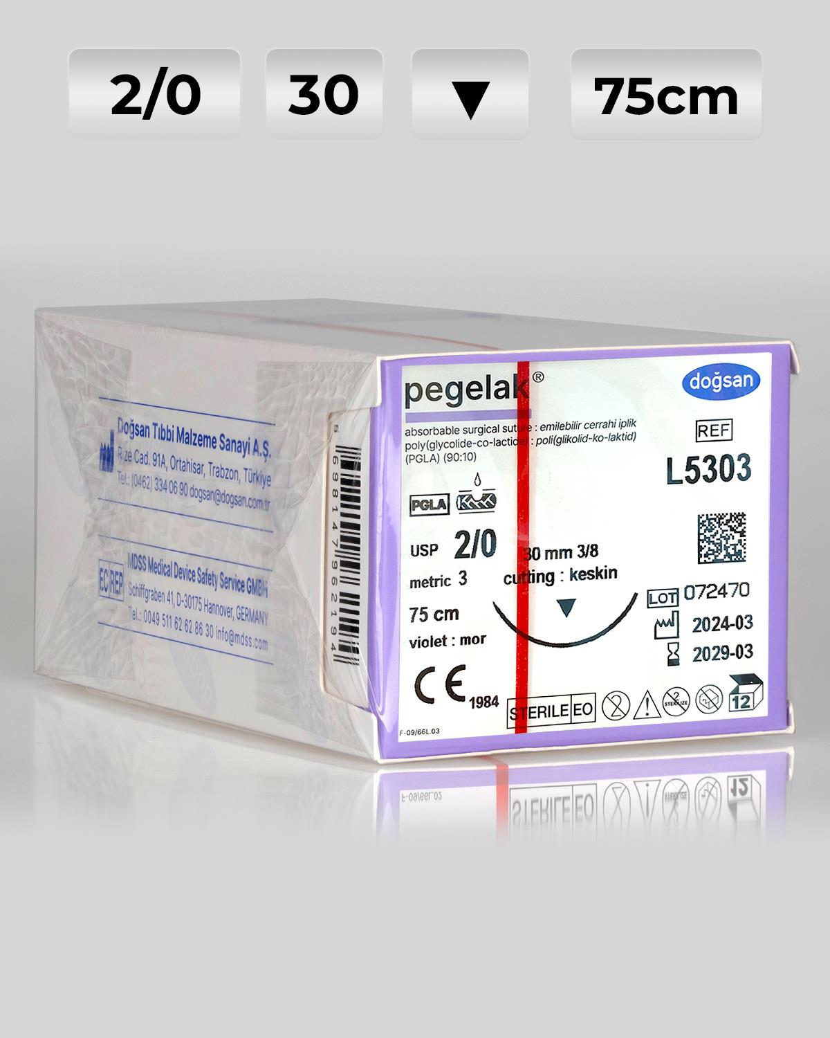 L5303 DOĞSAN Pegelak 2/0 30 3/8 Keskin (▼) 75cm PGLA Emilebilir Sütür 12 Ad./Pkt