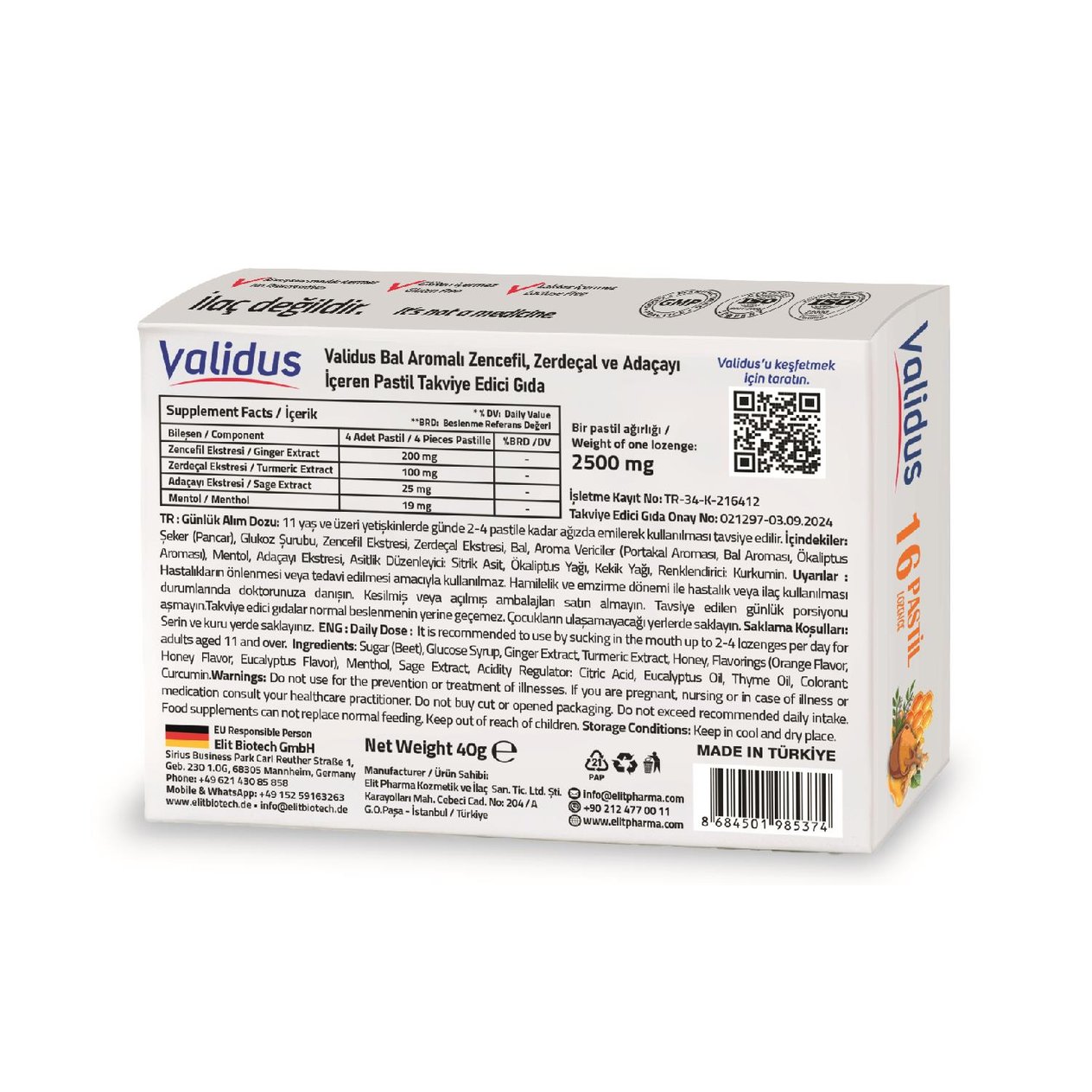 Validus Ginger +Turmeric+Sage+Honey 16 Pastille