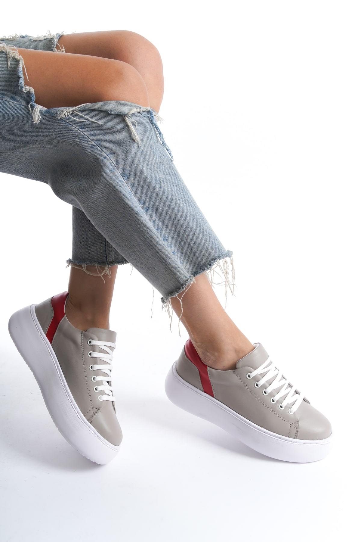 Mubiano MB6303-GK Kadın Kalın Taban Gri Kırmızı Hakiki Deri Sneaker & Spor Ayakkabı