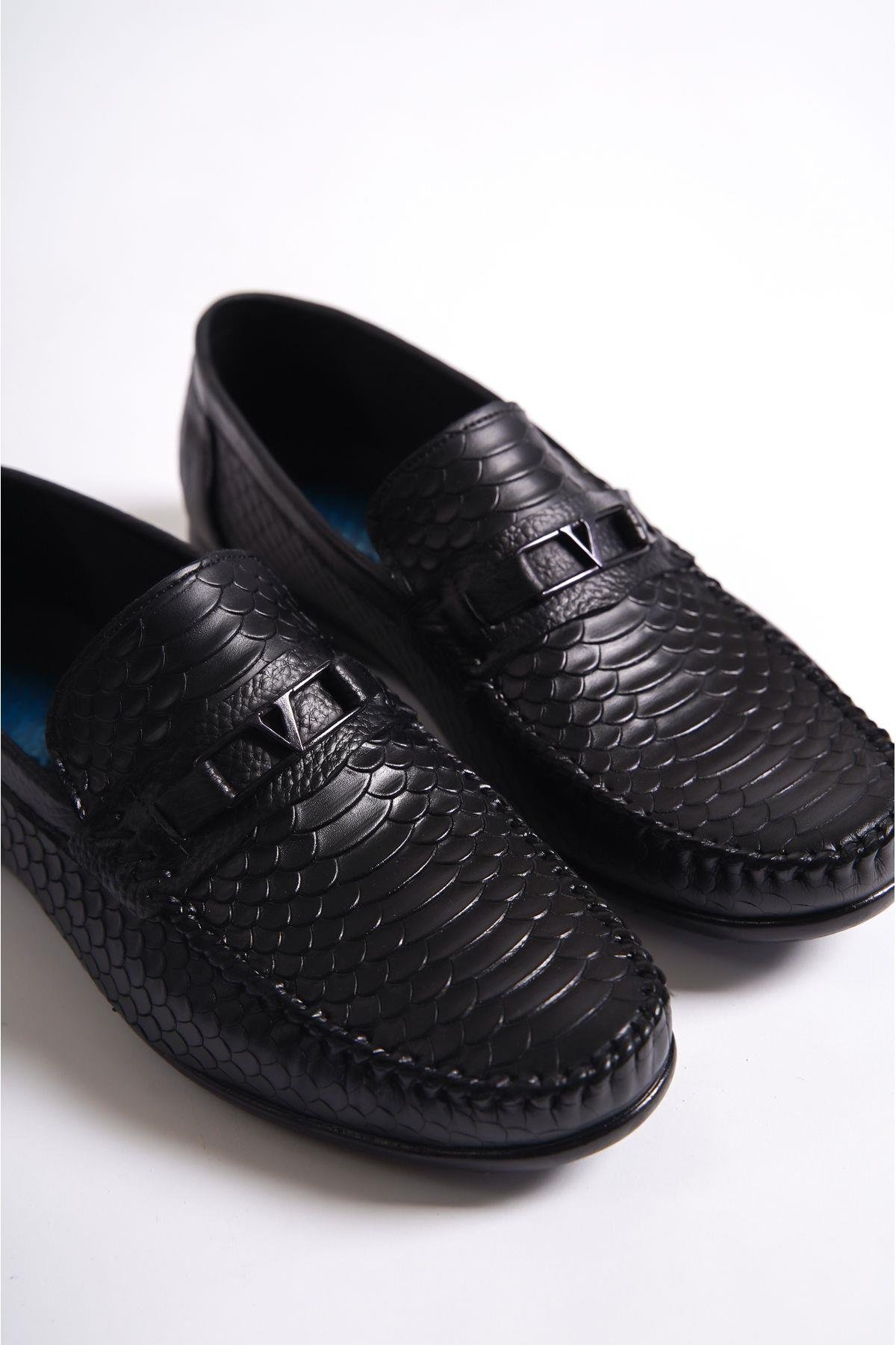 Mubiano Hakiki Deri SRG555S İç Dış Kroko Baskı Desenli Toka Detaylı Erkek Loafer