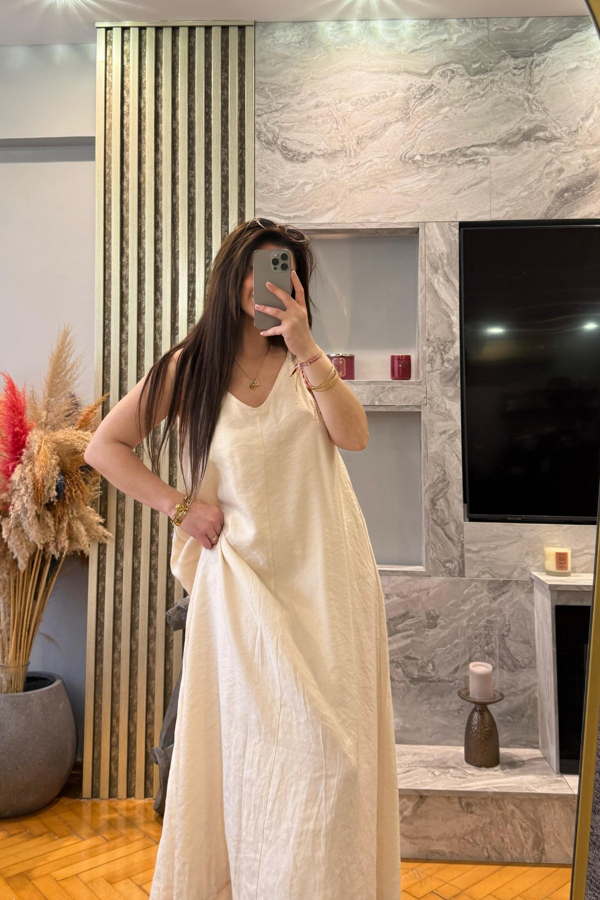 Krem Ayarlanabilir Askılı Elbise
