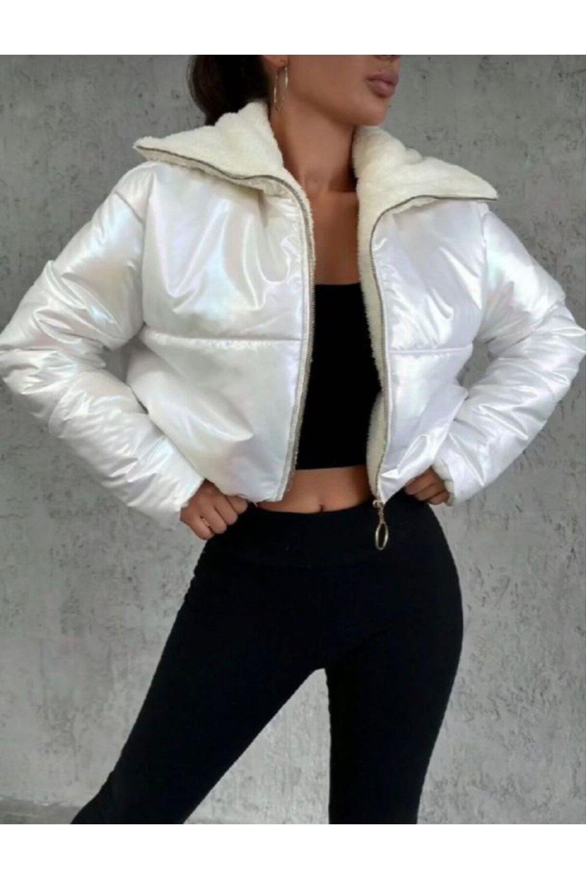 Fermuarlı Kürklü Crop Şişme Mont