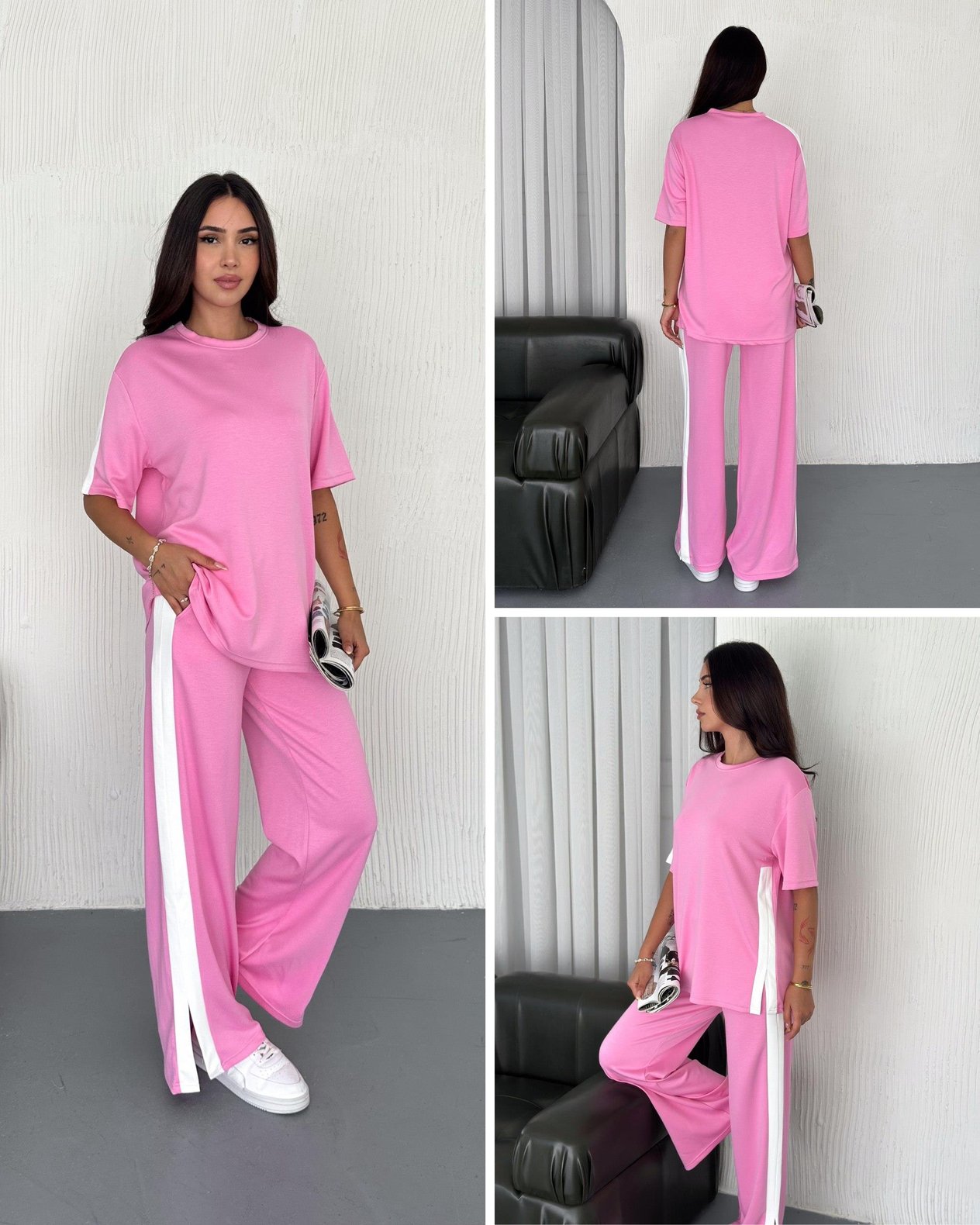 Modal Şeritli Yırtmaç Detaylı Pantolon Tişort Takım