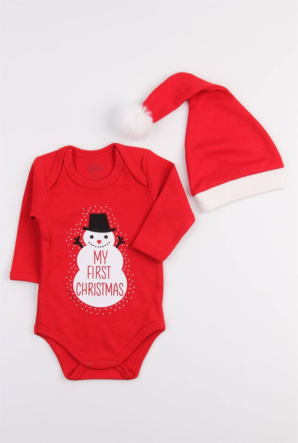 Christmas Noel Yeni Yıl Yılbaşı Ponponlu Noel Baba Şapkalı My First Christmas Kardan Adam Baskılı Bebek Body ve Şapka
