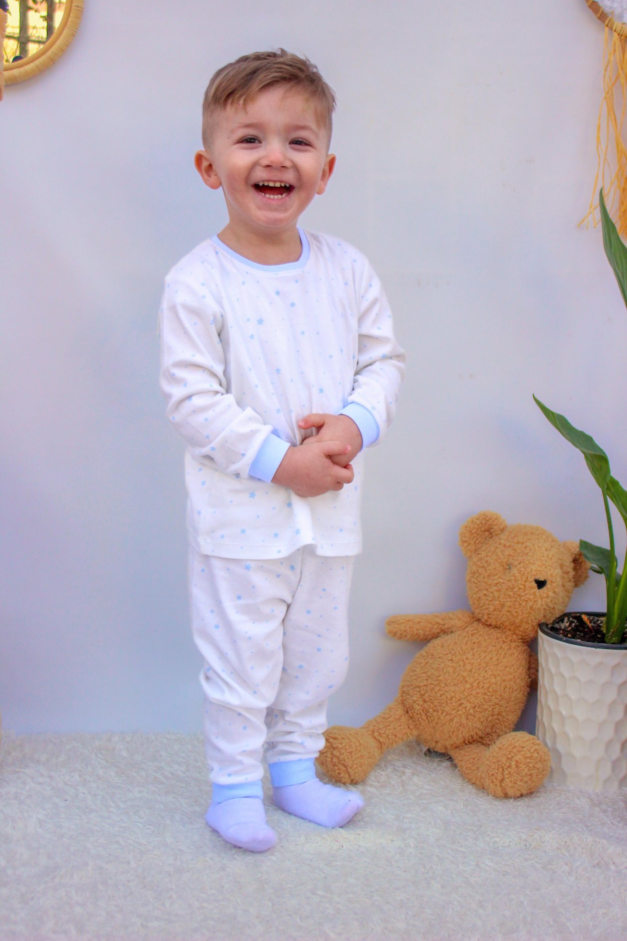 Erkek Bebek Çocuk Pijama Takımı 0 - 6 Yaş Mavi Yıldızlı