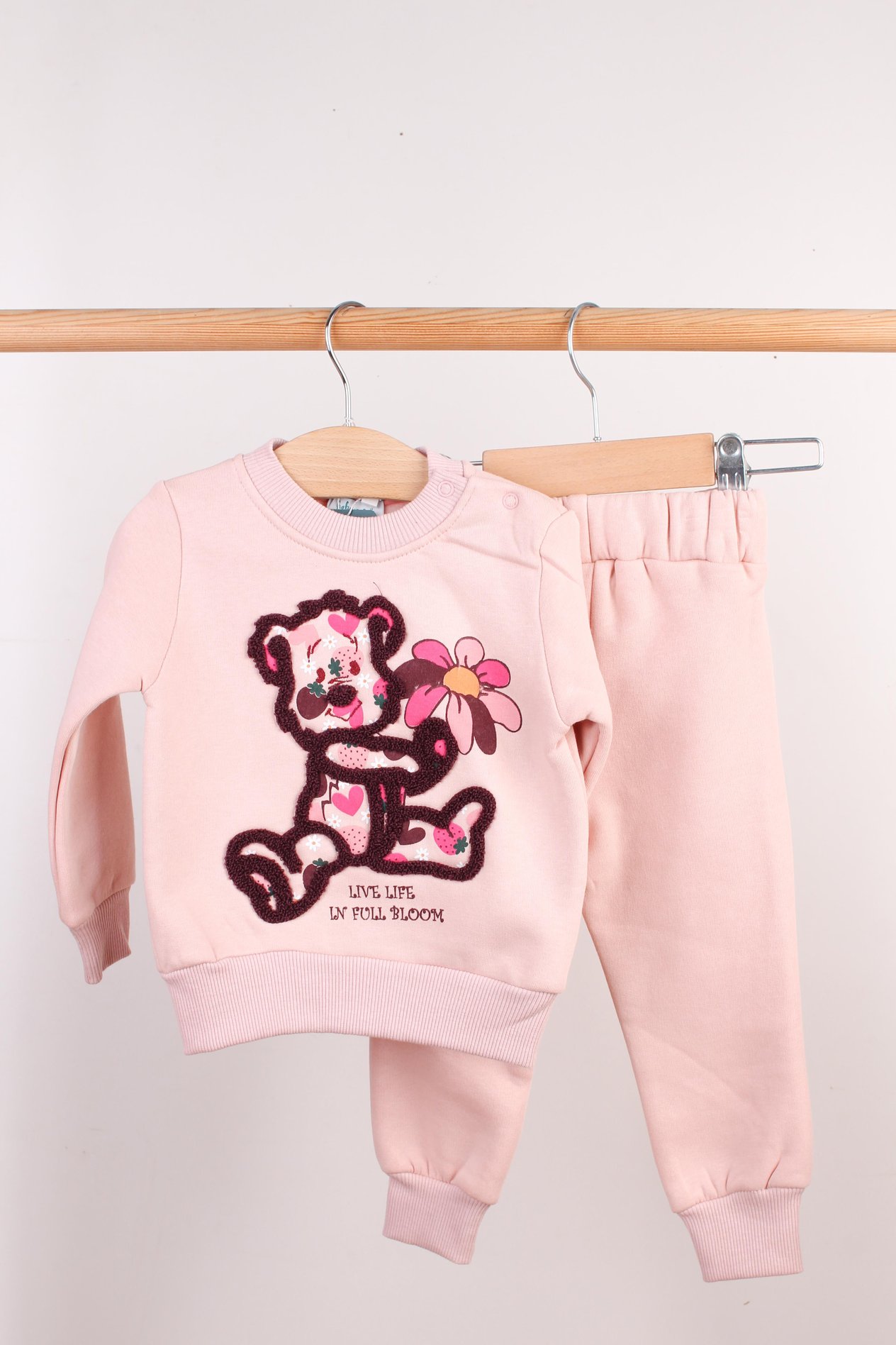 Kız Bebek Sweat Pantolon Takımı Pembe Bear Nakış Baskılı Şardonlu Bebek Takımı