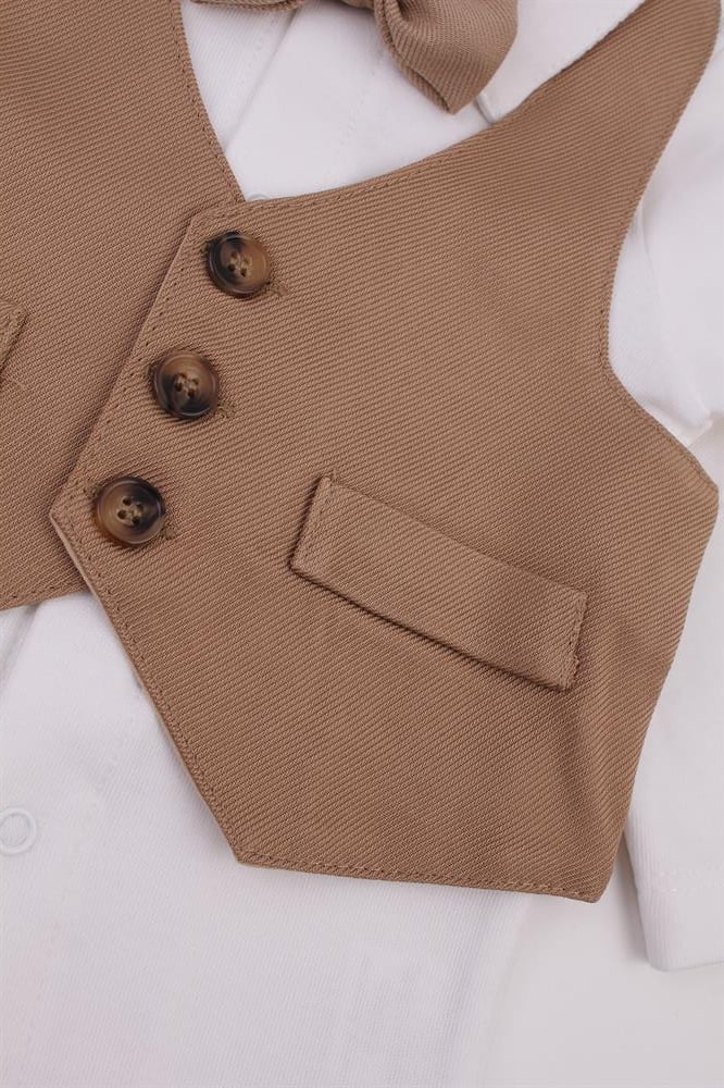 Miniropa Camel Papyonlu Yelekli 3'lü Bebek Takımı Kışlık Özel Gün Kıyafeti Doğum Günü Düğün Nişan Bebek Mevlüt Takımı Gabardin