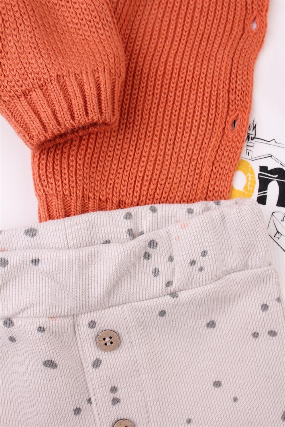 Triko Hırkalı Kız Bebek Sweat Pantolon 3'lü Kışlık Takım Tarçın 