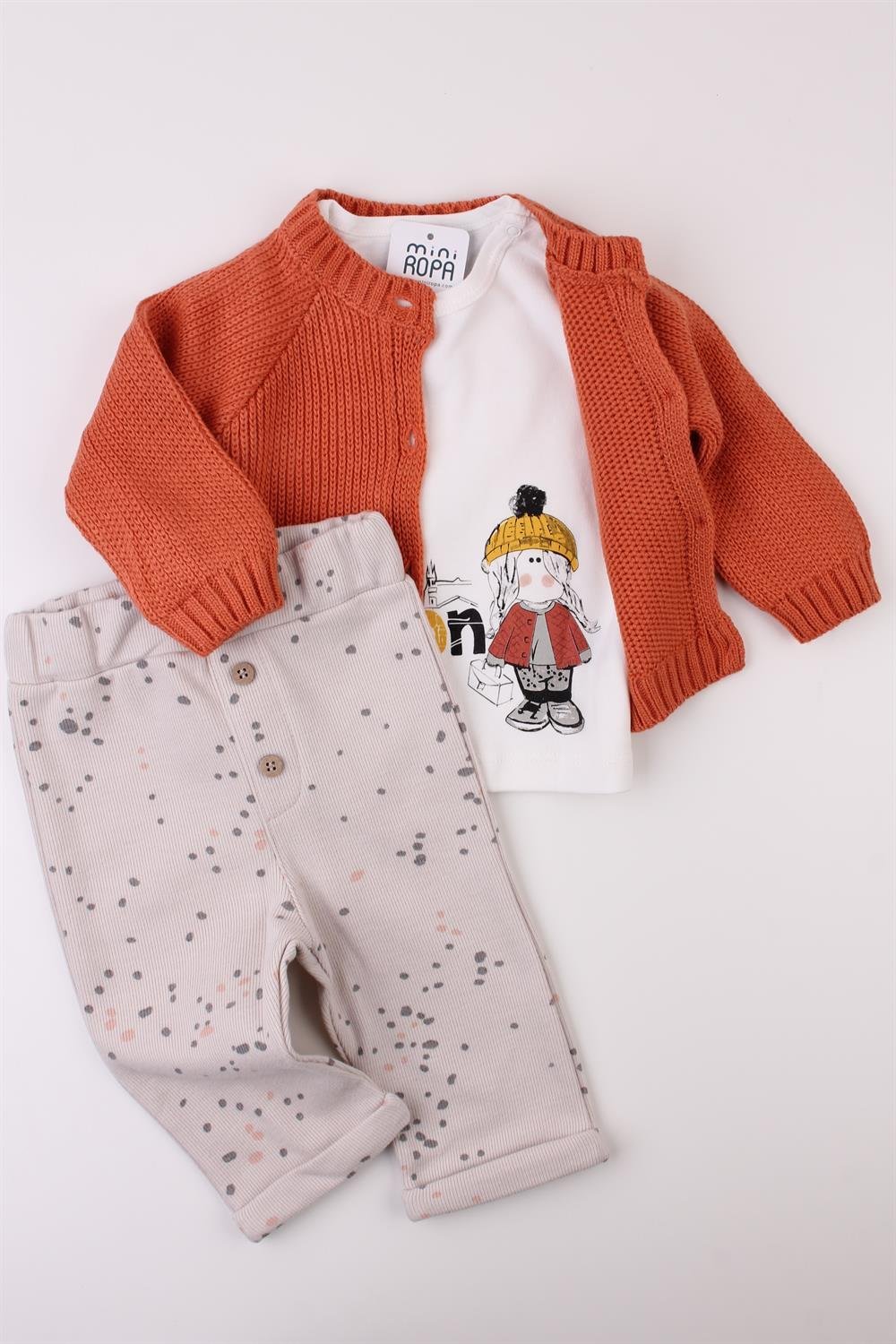 Triko Hırkalı Kız Bebek Sweat Pantolon 3'lü Kışlık Takım Tarçın 