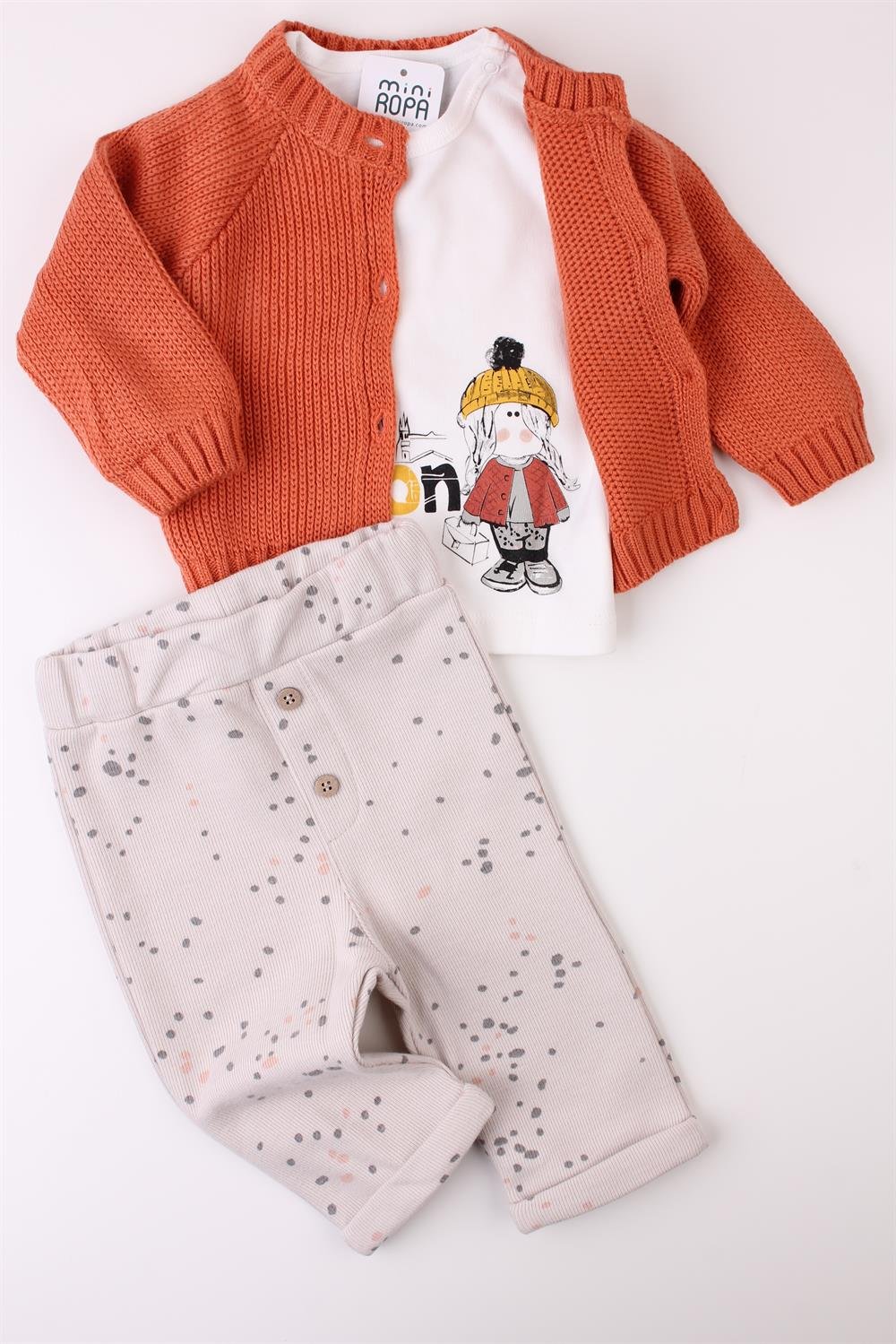 Triko Hırkalı Kız Bebek Sweat Pantolon 3'lü Kışlık Takım Tarçın 