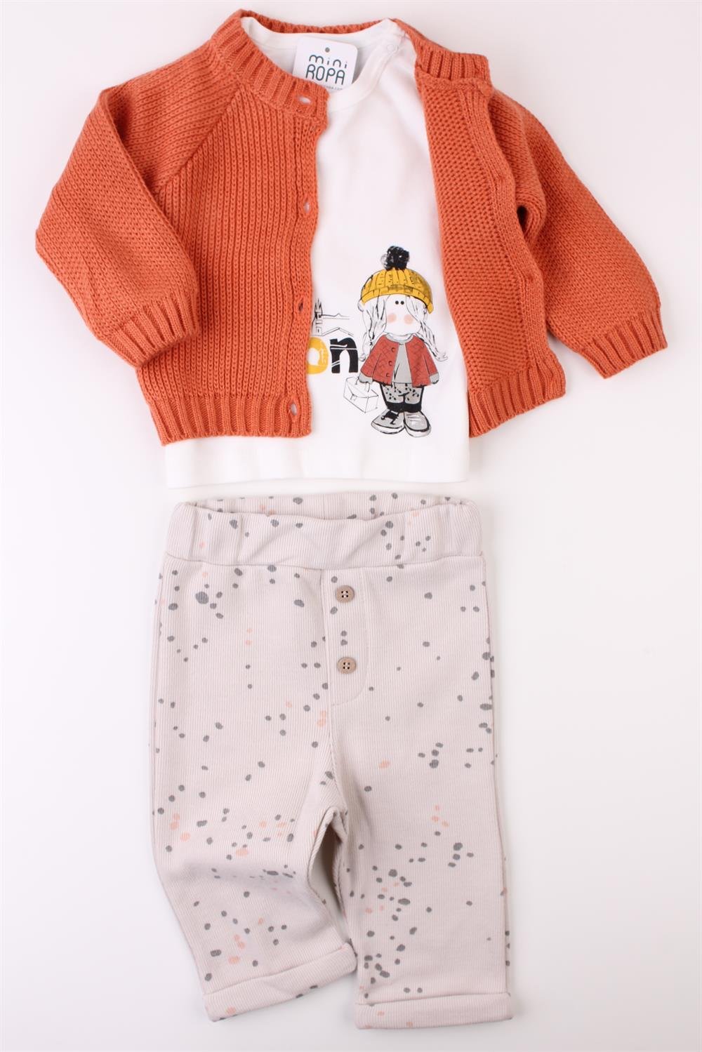 Triko Hırkalı Kız Bebek Sweat Pantolon 3'lü Kışlık Takım Tarçın 