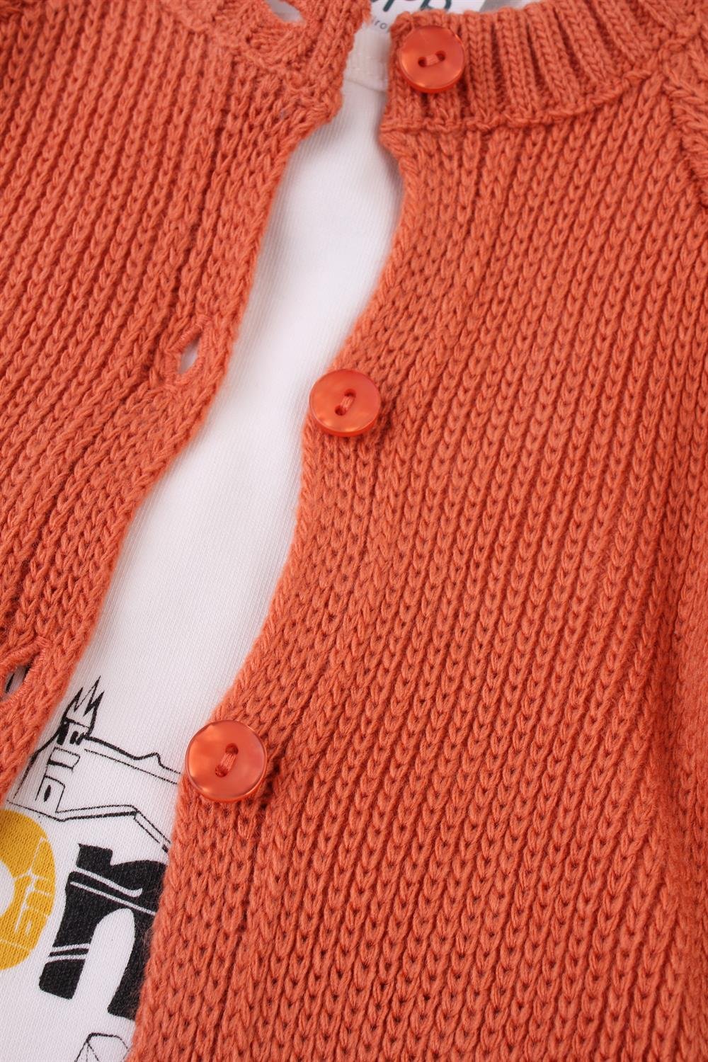 Triko Hırkalı Kız Bebek Sweat Pantolon 3'lü Kışlık Takım Tarçın 