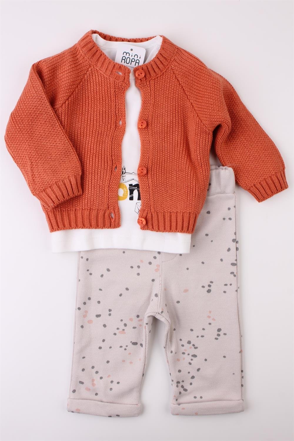 Triko Hırkalı Kız Bebek Sweat Pantolon 3'lü Kışlık Takım Tarçın 
