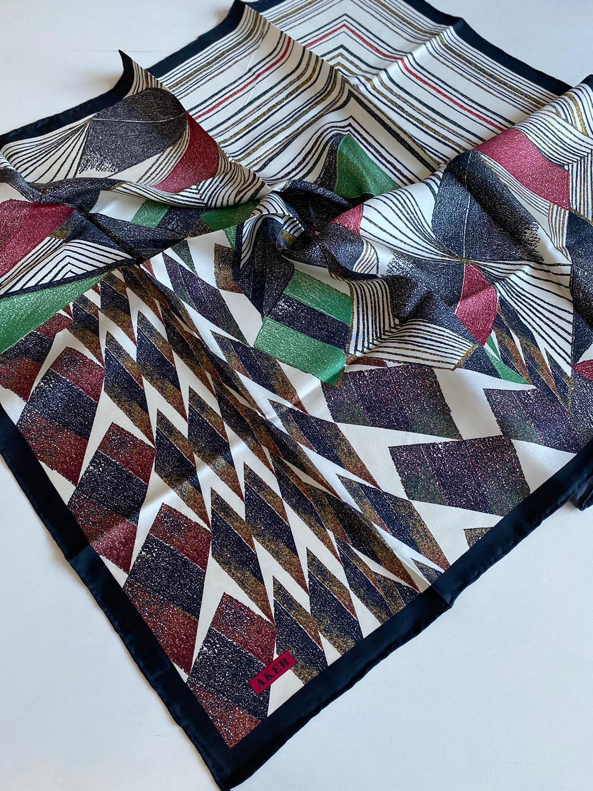 Aker Defective Twill Silk Scarf 39584 Black-Red Mixed Pattern