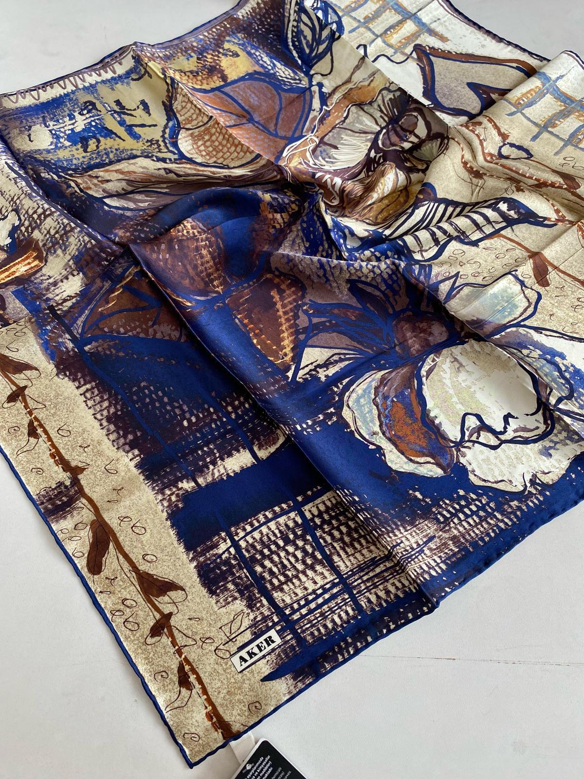 Aker Satin Silk Scarf 45144 Navy Blue Mixed Pattern