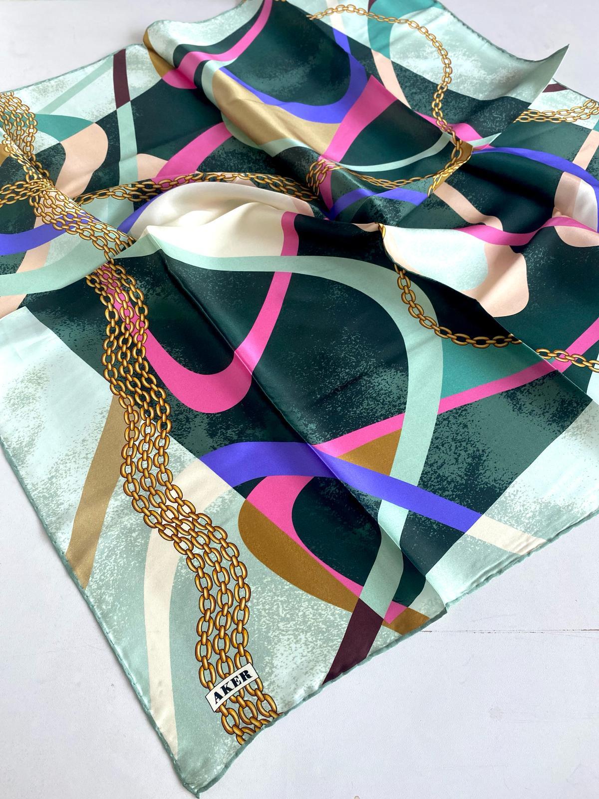 Aker Satin Silk Scarf 46244 Green Mixed Pattern
