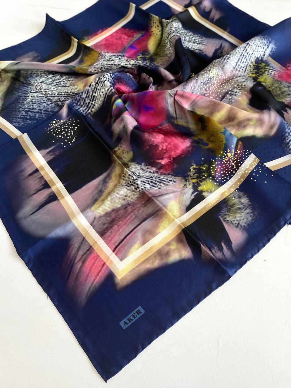 Aker Twill Silk Scarf 8396713-922 47770 Navy Blue Mixed Pattern