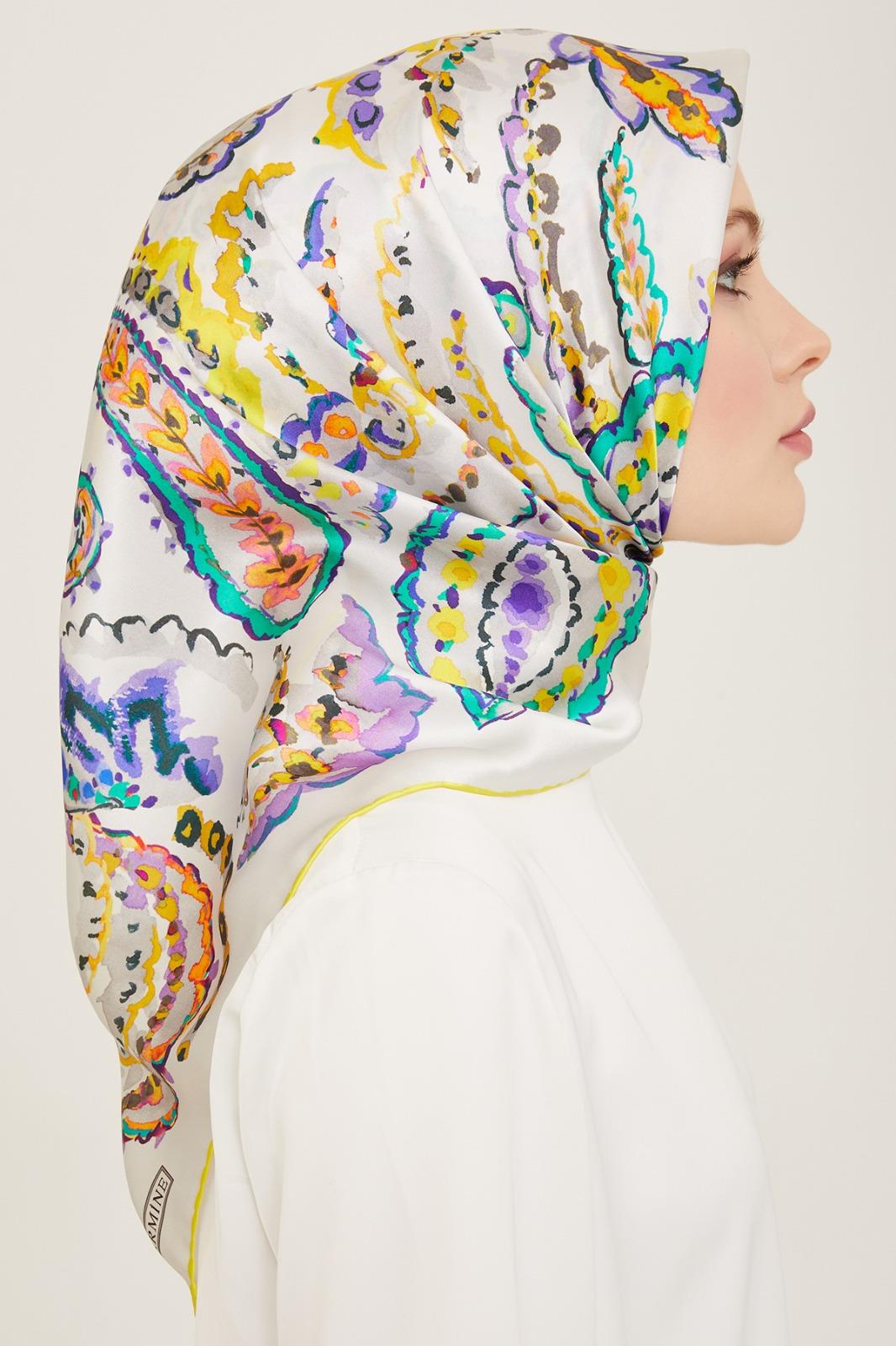 Armine Beyaz-Sarı Etnik Desen Sura İpek Eşarp 9130-83