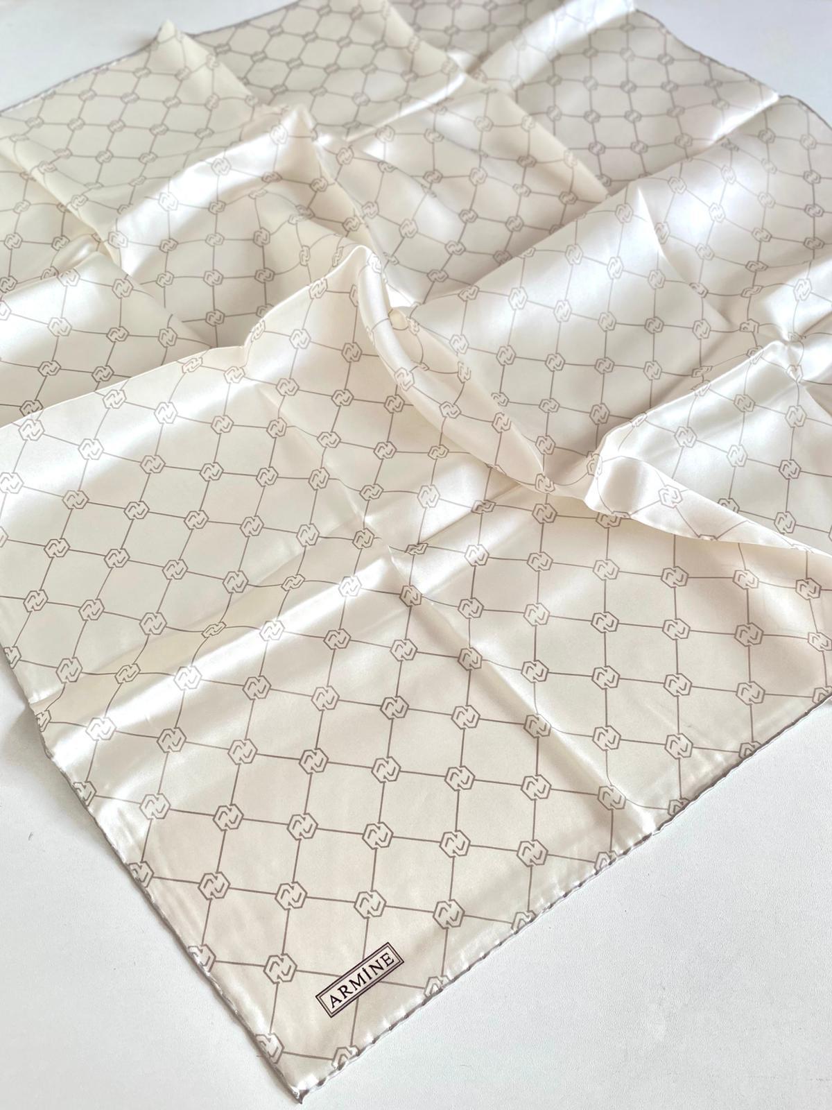 Armine Cream Mink Monogram Pattern Satin Silk Scarf 9178-81