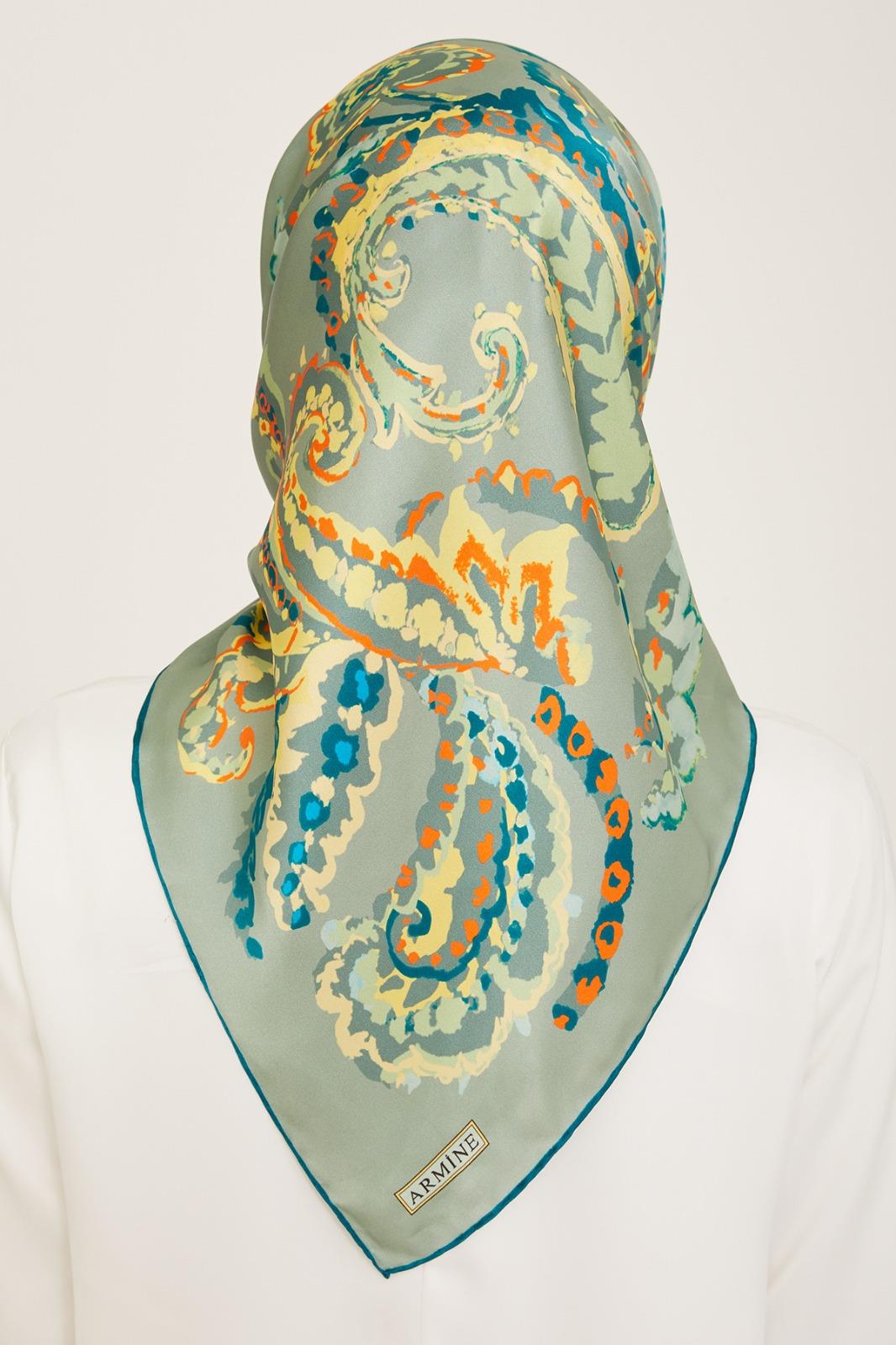 Armine Mint Yeşili-Turuncu Etnik Desen Sura İpek Eşarp 9130-61