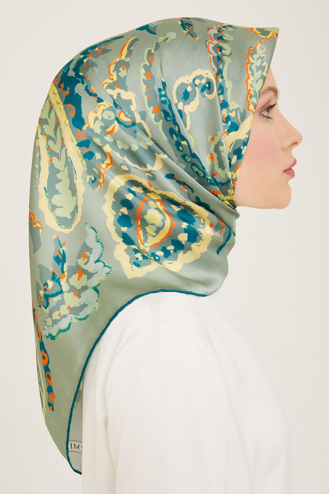 Armine Mint Yeşili-Turuncu Etnik Desen Sura İpek Eşarp 9130-61