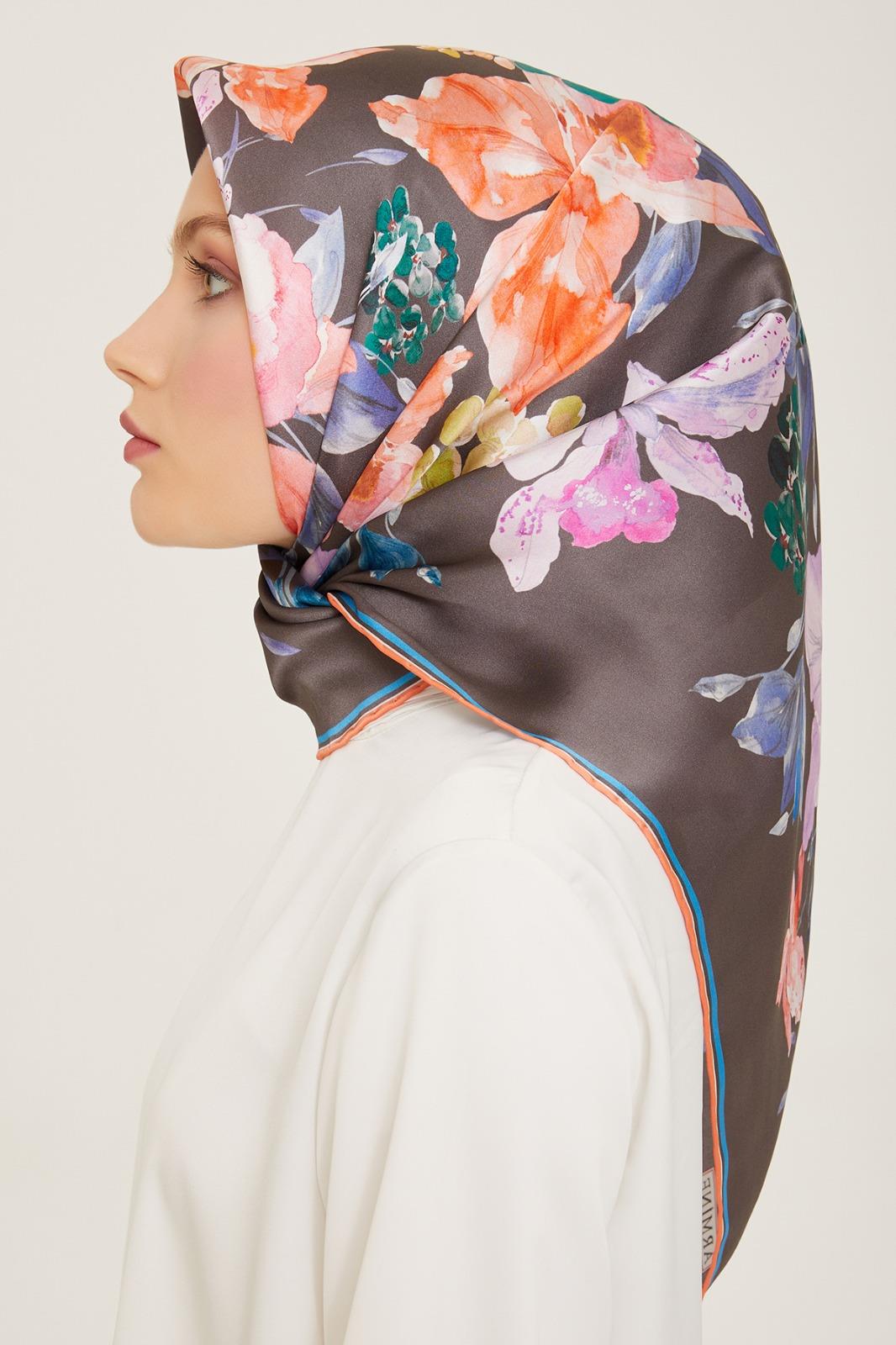 Armine Pomegranate Flower-Anthracite Gray Flower Pattern Twill Silk Scarf 9127-51