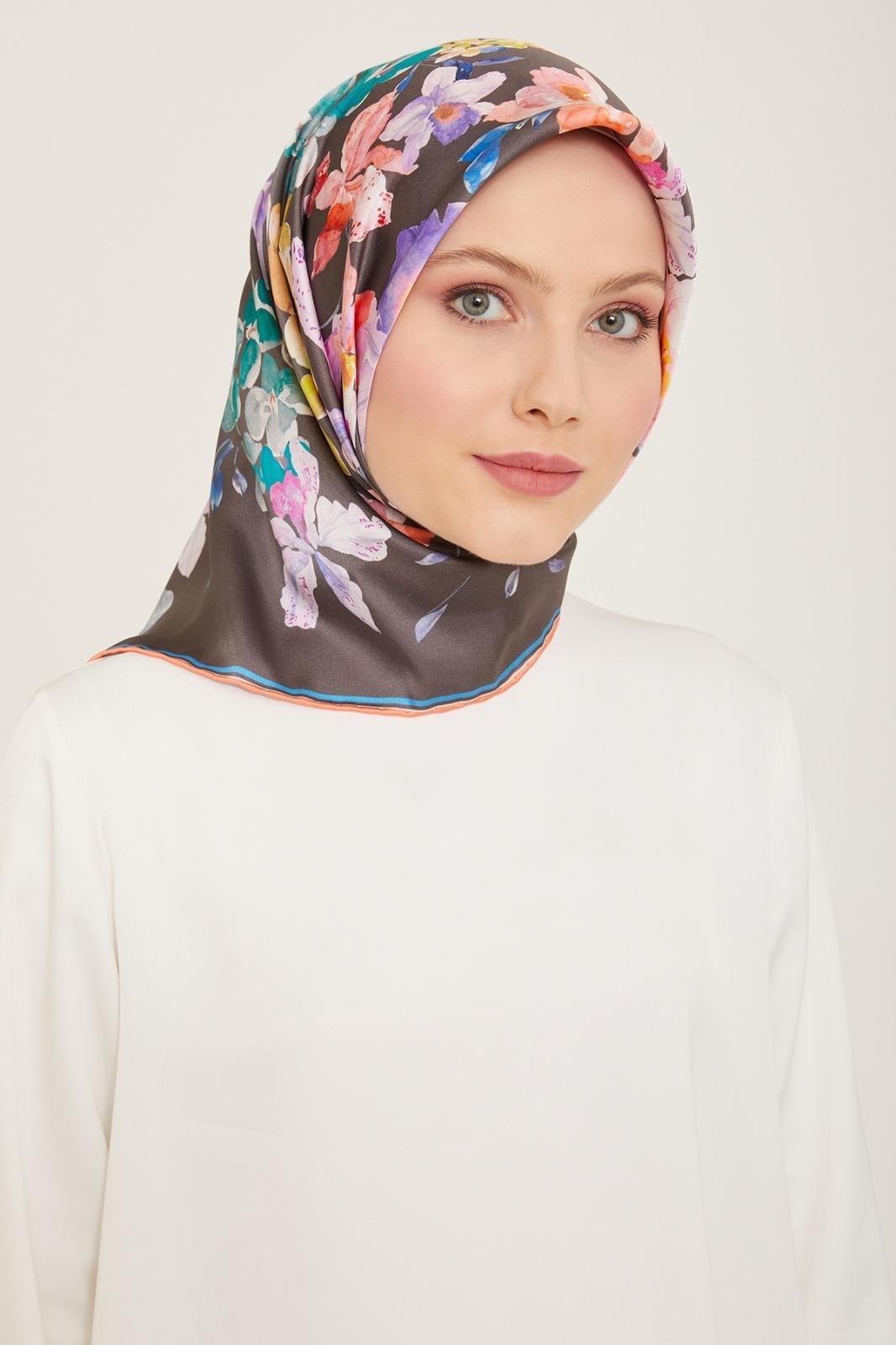 Armine Pomegranate Flower-Anthracite Gray Flower Pattern Twill Silk Scarf 9127-51