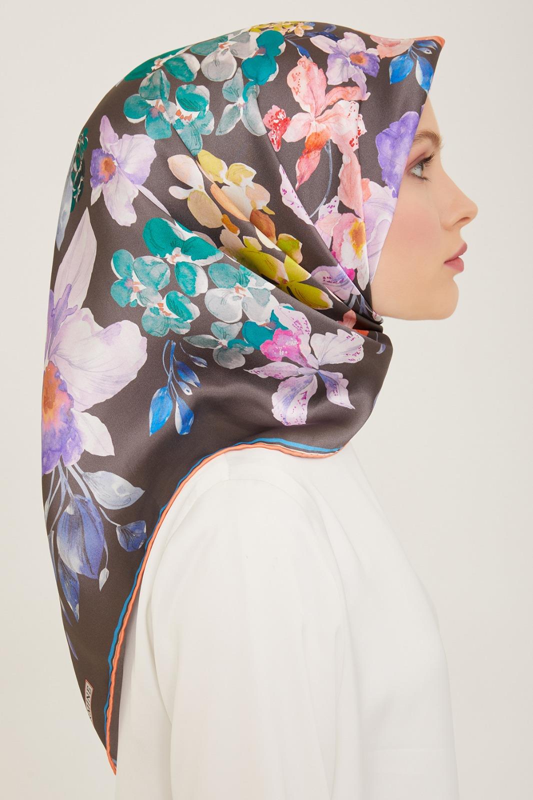 Armine Pomegranate Flower-Anthracite Gray Flower Pattern Twill Silk Scarf 9127-51