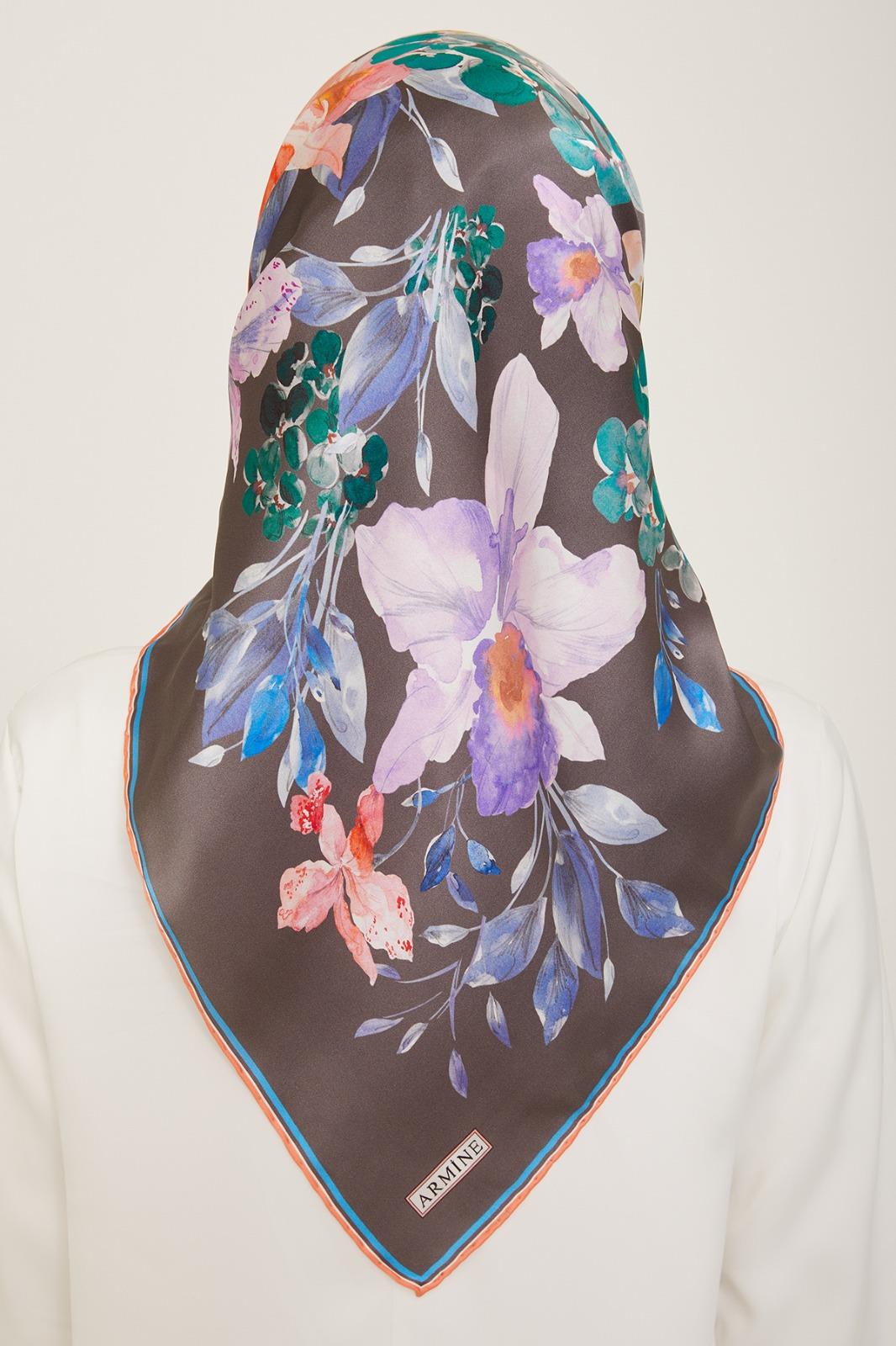 Armine Pomegranate Flower-Anthracite Gray Flower Pattern Twill Silk Scarf 9127-51