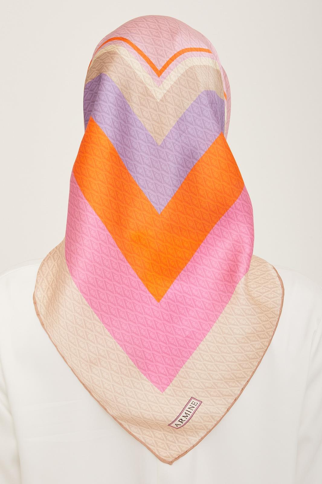 Armine Pembe-Turuncu Geçişli Monogram Desen Tivil İpek Eşarp 9111-39